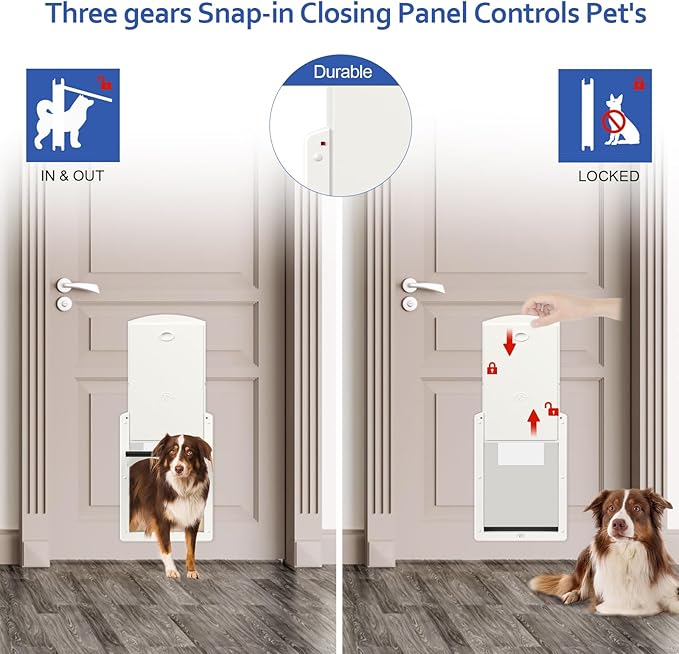 [Classicmacher] Dog Door for Large Dogs, White Frame Door for L arge Dogs, Strong Plastic Doggy Door and L arge Pets with Sliding Lock Panel and Magnetic Soft Flap (Large, Milk White)