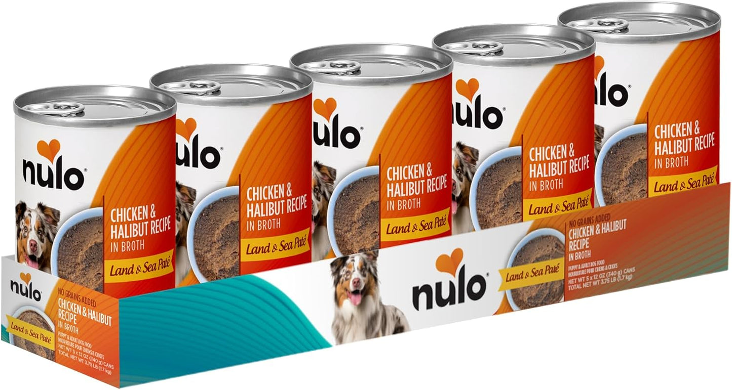 Nulo Land & Sea for Adult Dogs & Puppies Chicken & Halibut Recipe in Broth 12 Ounce Cans, Pack of 5