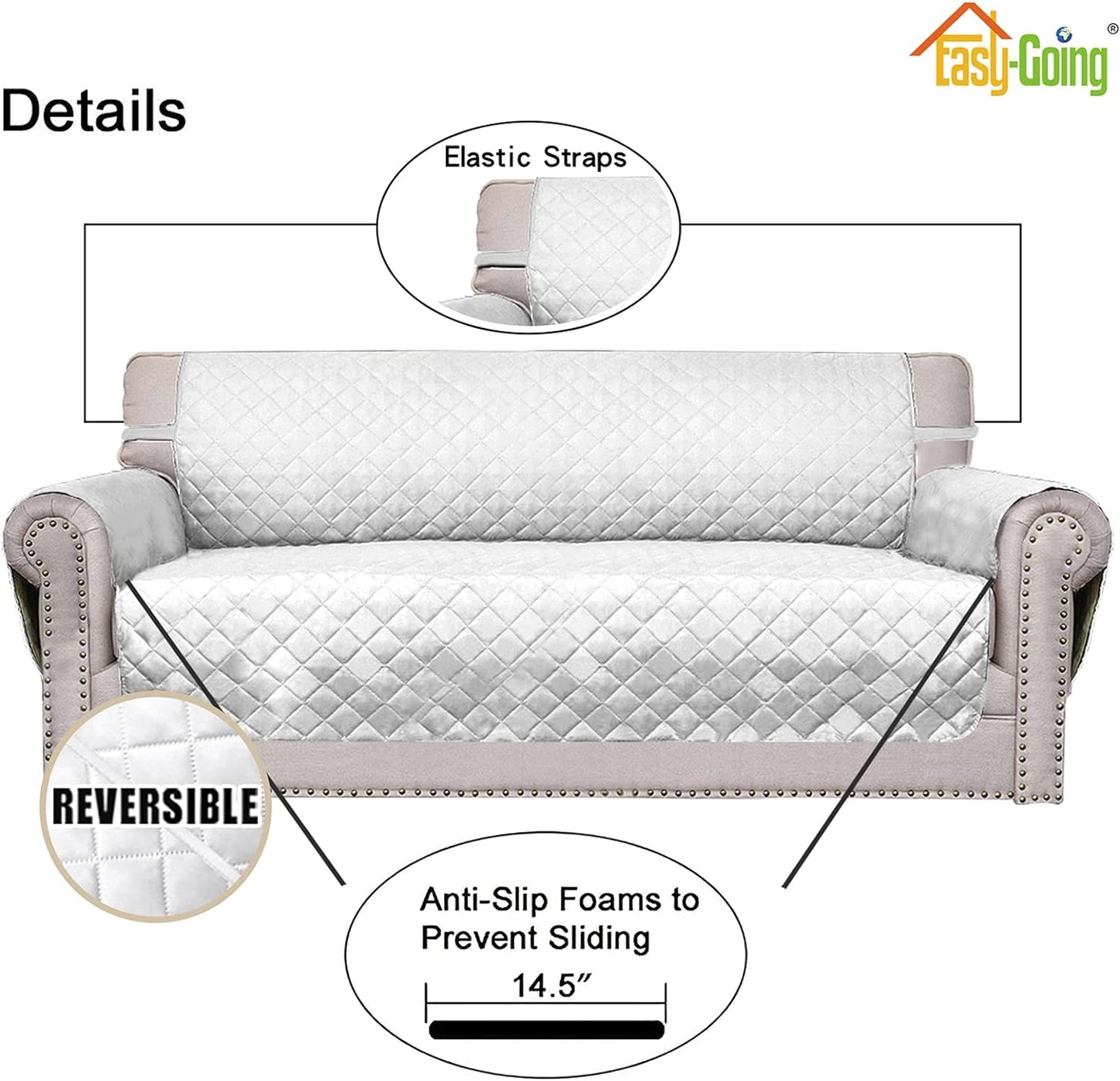 Easy-Going Reversible Loveseat Couch Cover for 2 Cushion Couch Sofa Cover for Dogs Water Resistant Furniture Protector with Foam Sticks Elastic Straps for Pet (Loveseat, White/White)