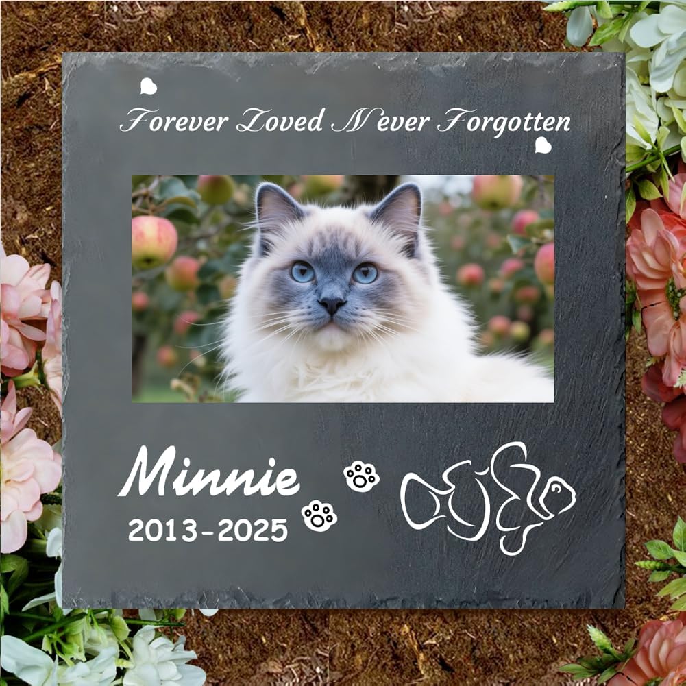 Custom Pet Memorial Stone - Personalized Cat Grave Marker with Name & Photo - Sympathy Gifts for Loss of Beloved Pet - Cemetery Decor - Rainbow Bridge Memorial for Cats (Style J)