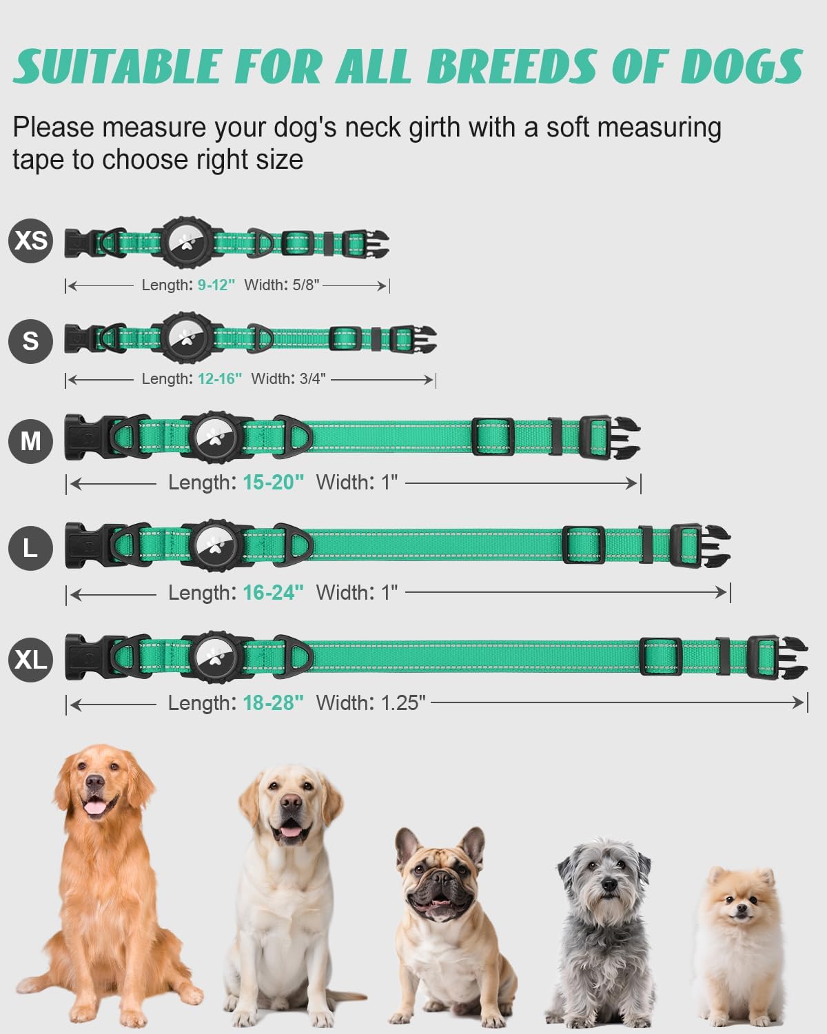 Joytale Airtag Dog Collar, Reflective Pet Collar with Waterproof AirTag Holder, Dual D-Rings, Soft Padded Adjustable for Extra Small and Puppy Dogs, Teal, XS