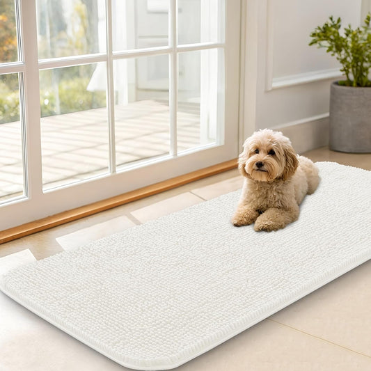 OLANLY Dog Door Mat for Muddy Paws 47x20, Absorbs Moisture and Dirt, Absorbent Non-Slip Washable Doormat, Quick Dry Chenille Mud Mat for Dogs, Entry Indoor Entryway Carpet for Inside Floor, Ivory