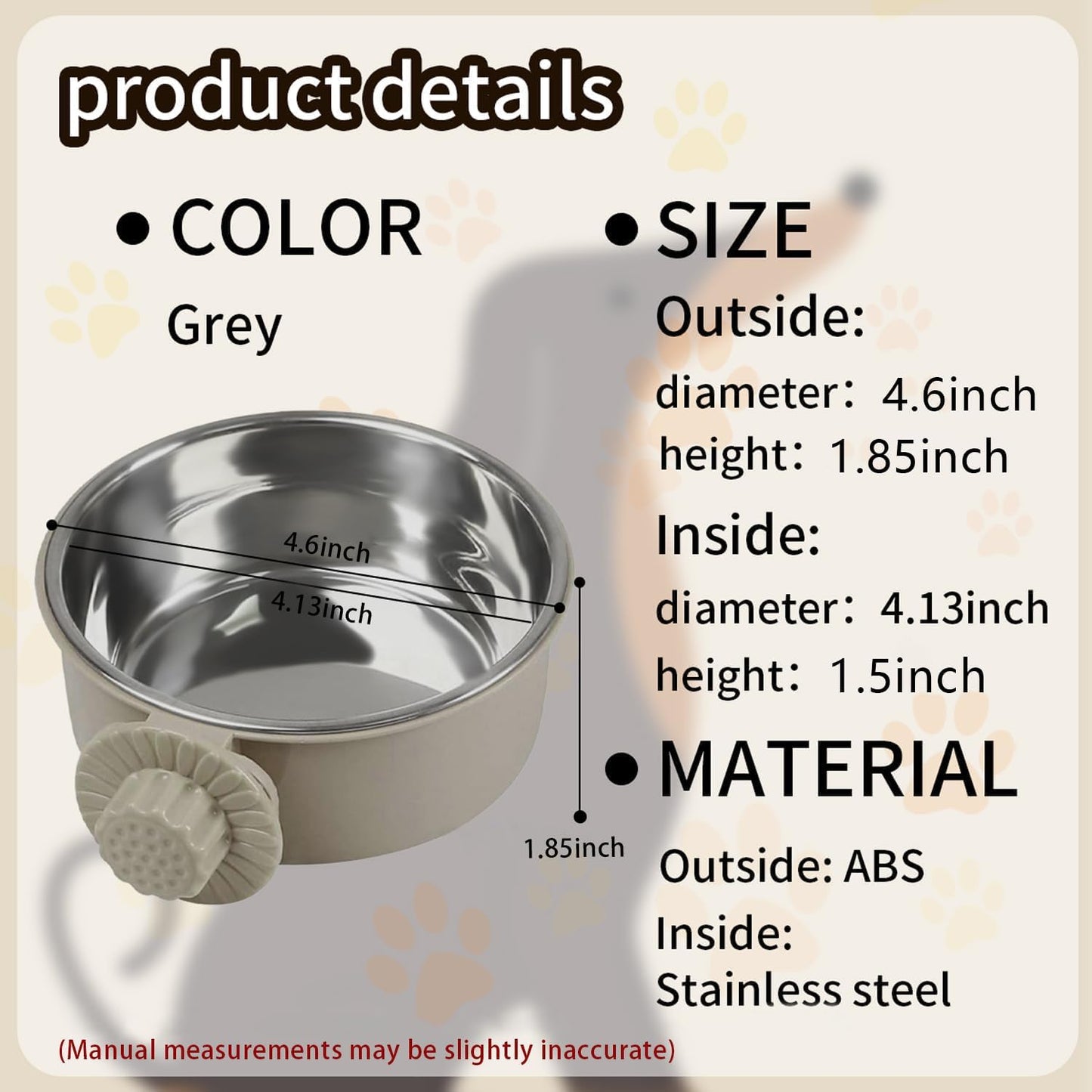2Pcs Pets Lightweight Stainless Steel Bowl,Removable Stainless Steel Pet Hanging Food Water Feeder Bowl Cage Coop Cup for Puppy Medium Dog Cat Rabbit Ferret Bird Gunea Pigs (Gray, S)