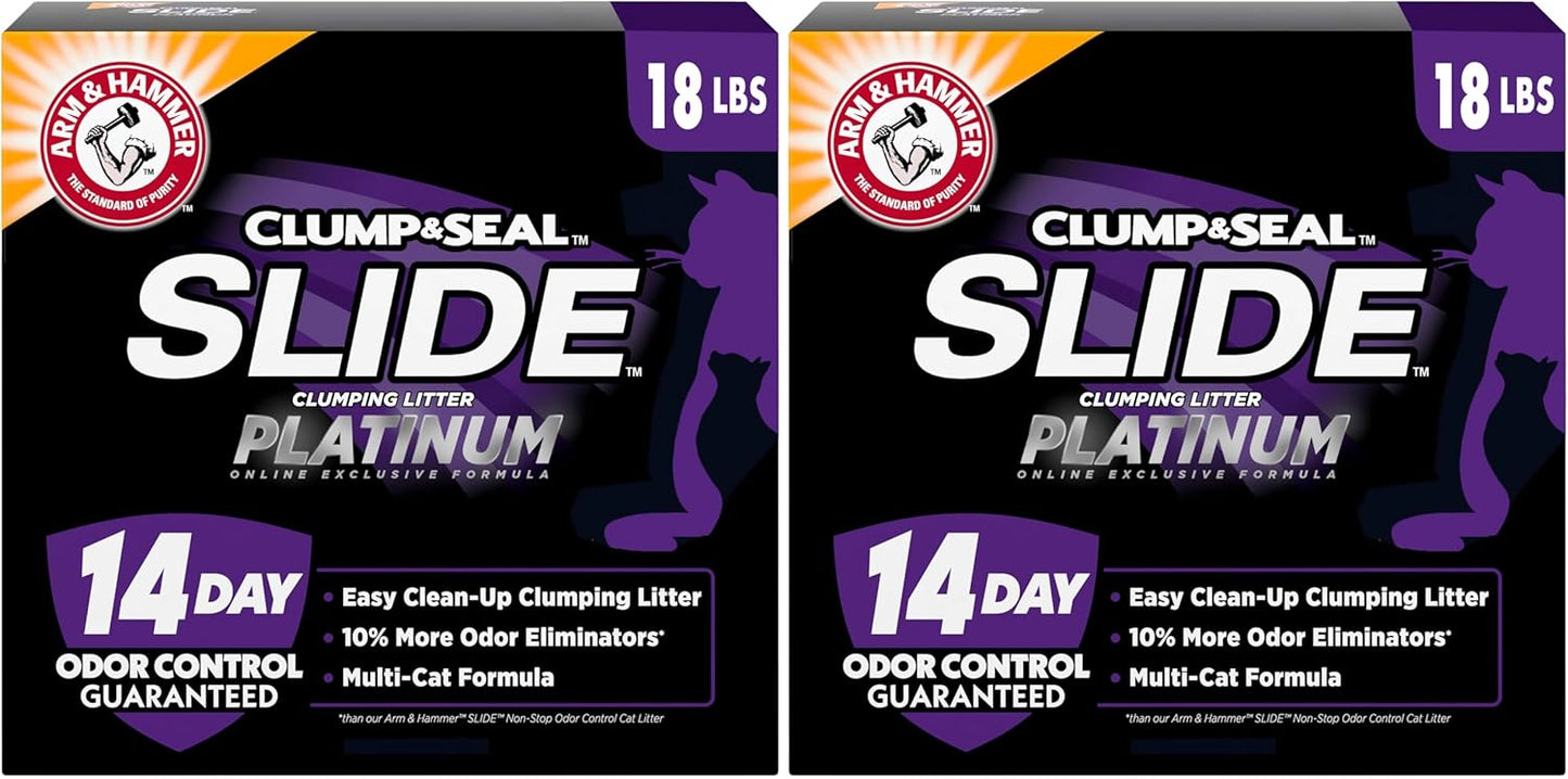 ARM & HAMMER Clump & Seal Slide Platinum Multi-Cat Clumping Cat Litter, 14-Day Odor Control, EZ Clean Technology, 18 lbs – No Scrubbing, Powerful Odor Eliminator (Pack of 2)