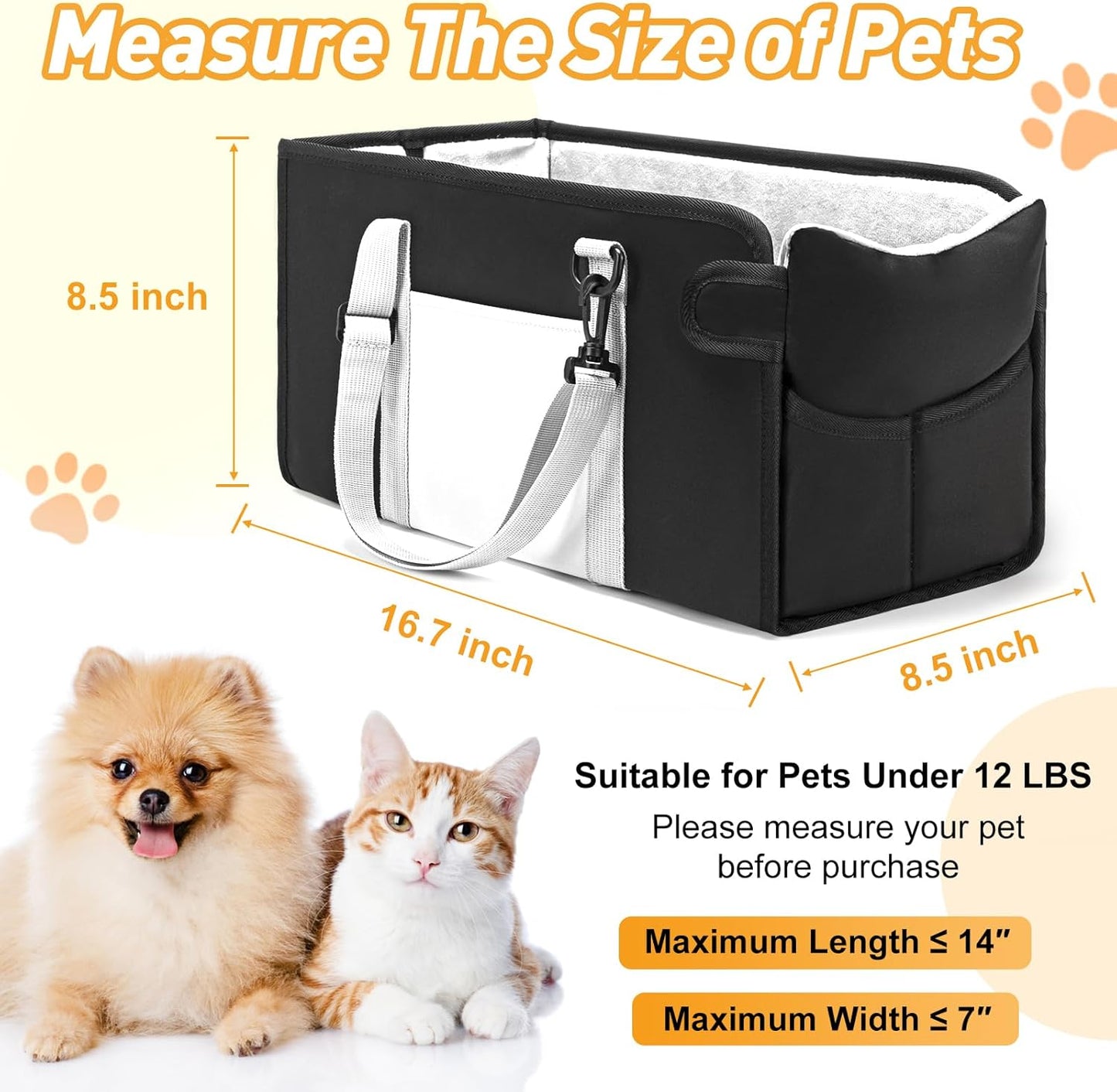 Portable Dog Car Seat for Small Dogs - Adjustable Safety Leash, Washable Cushion & Storage Pocket - Pet Booster Seat for Car Travel- Carbon Black