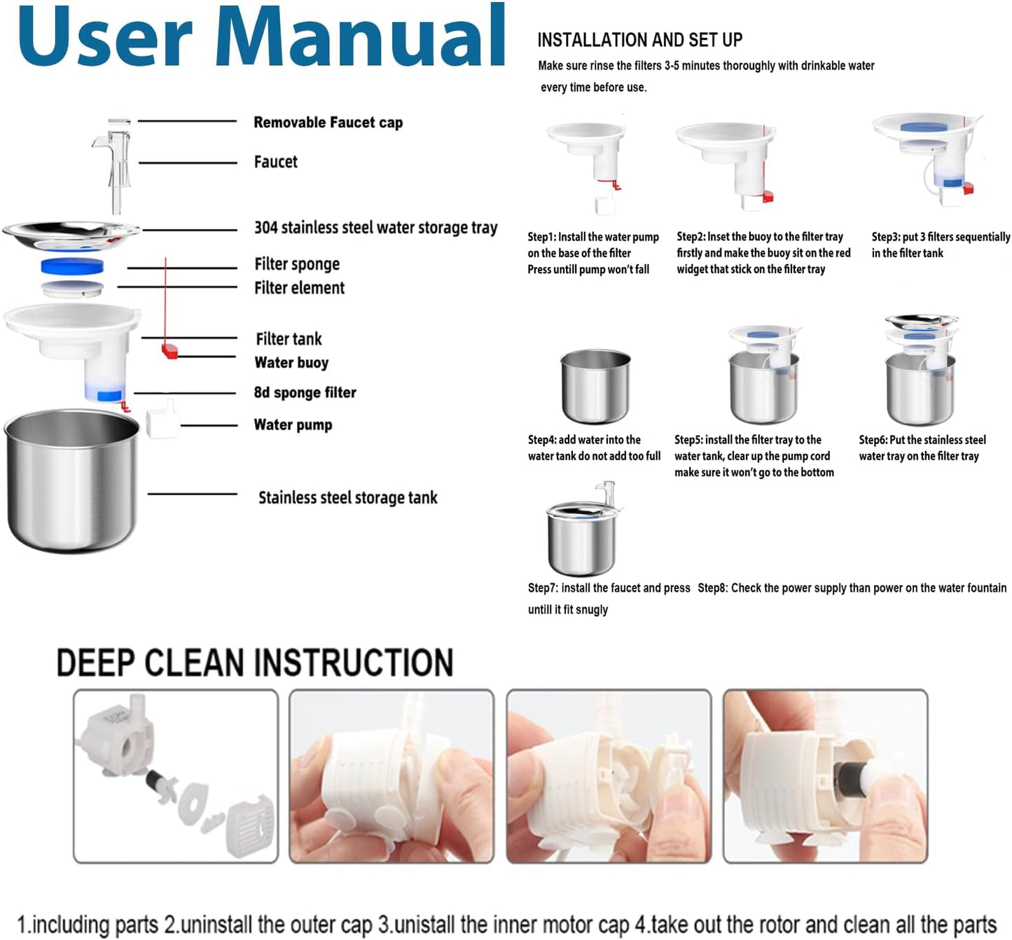 Cat Water Fountain, Stainless Steel Inside Ultra-Quiet Pump, 2L/67oz Automatic Dog Dispenser Water Bowl, Multiple Pets Water Fountain