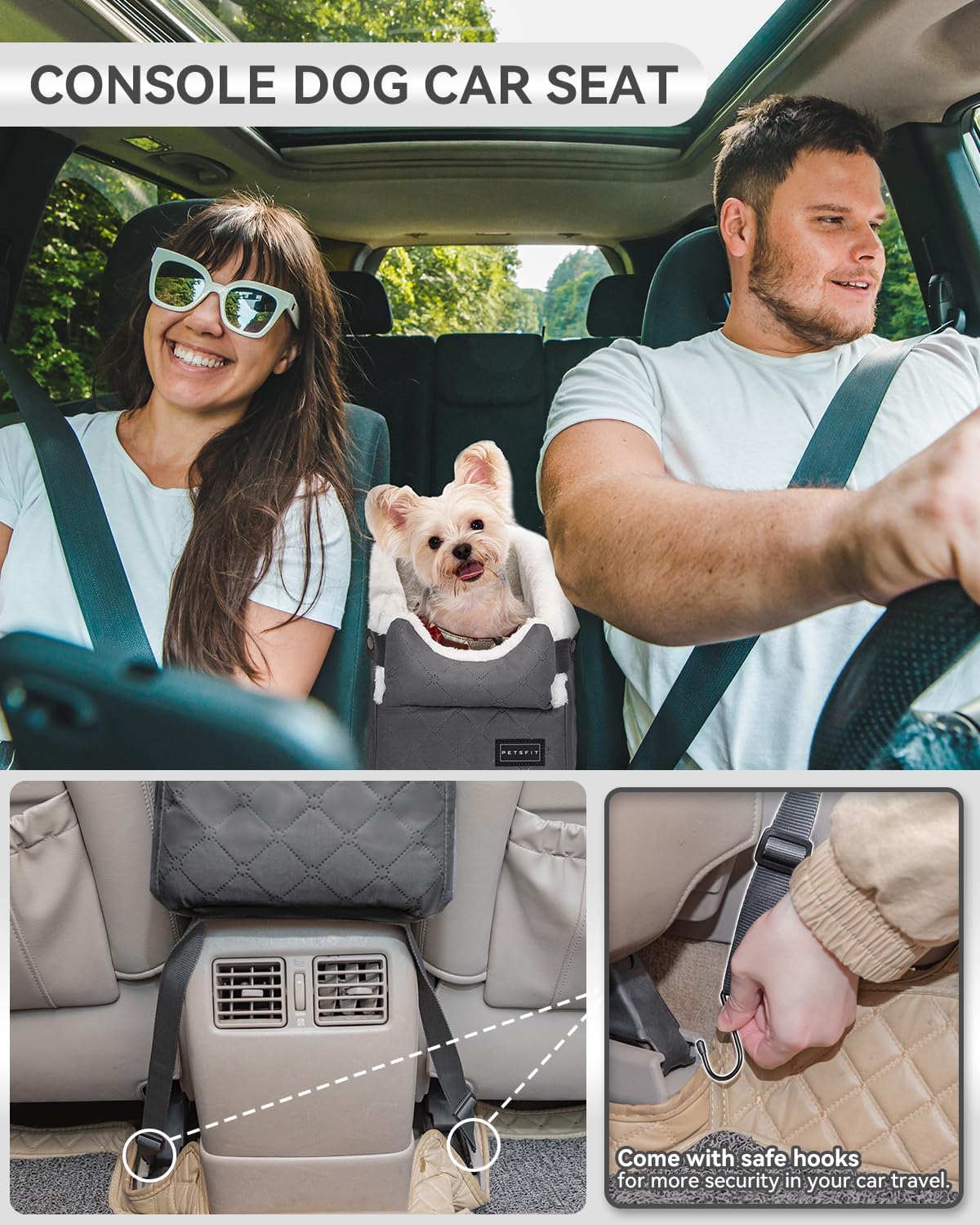PETSFIT Center Console Dog Car Seat with Safe Protection Hooks, Pet Car Seat with Upgraded Safety Tethers, Washable Cushion, Console Dog Car Seats for Small Dogs Up to 8 Lbs (Grey)