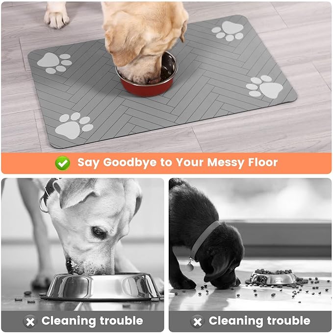 Pet Feeding Mat-Absorbent Pet Placemat for Food and Water Bowl, with Waterproof Rubber Backing, Quick Dry Water Dispenser Mat for Dog and Cat (16"x24", Striped Light Gray)