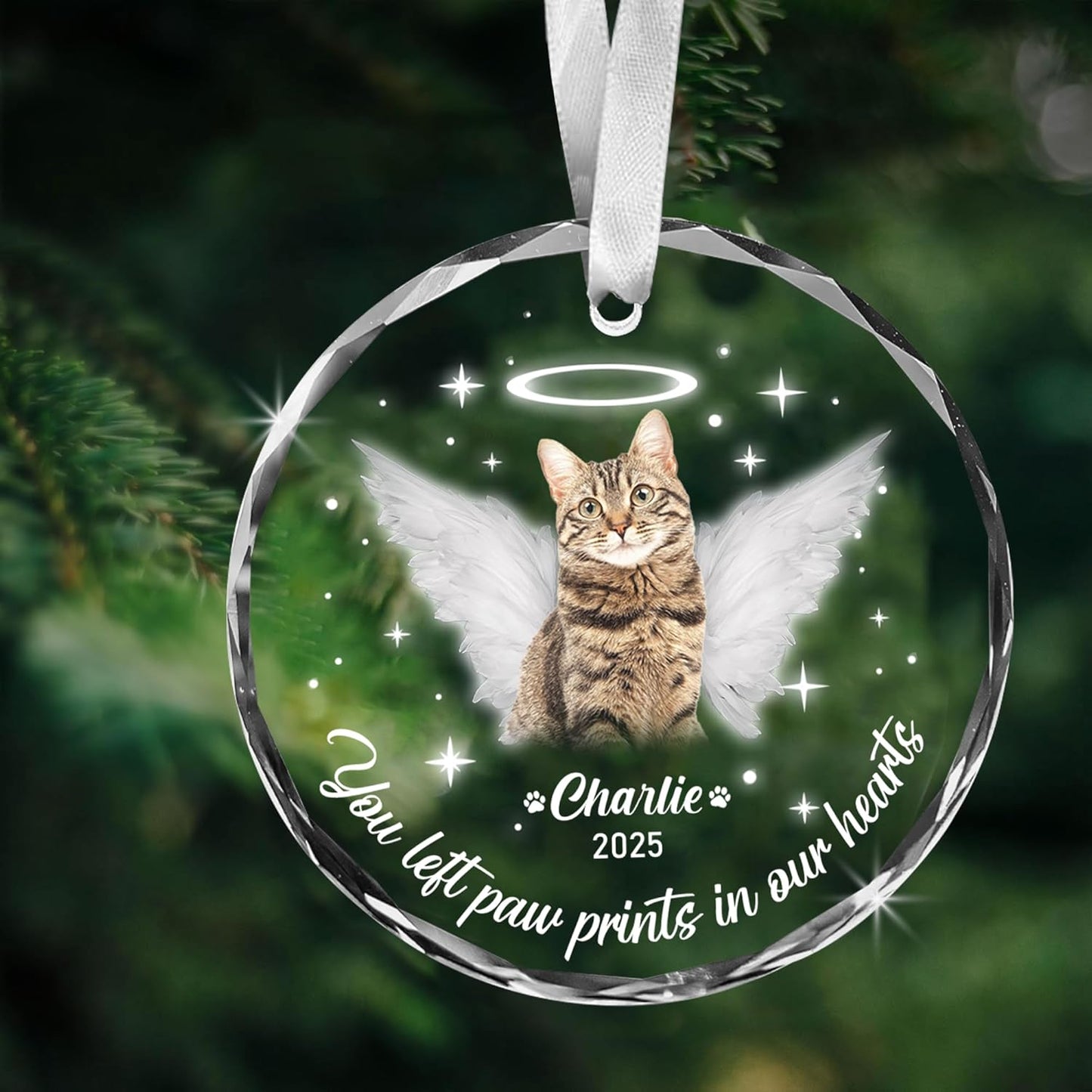 Personalized Cat Memorial Ornament, Pet Loss, Angel Keepsake for Cat Lovers, Custom Photo Glass Ornament – You Left Paw Prints in Our Hearts