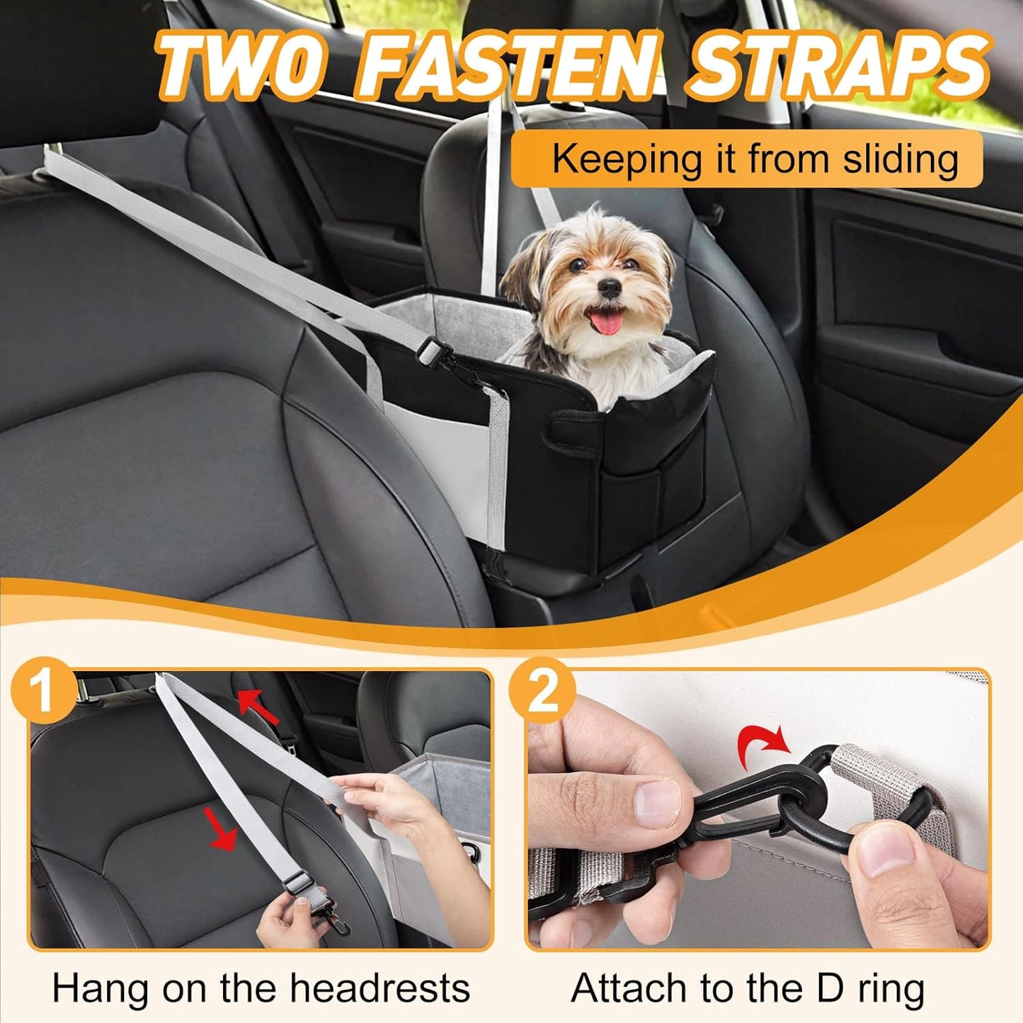 Portable Dog Car Seat for Small Dogs - Adjustable Safety Leash, Washable Cushion & Storage Pocket - Pet Booster Seat for Car Travel- Carbon Black