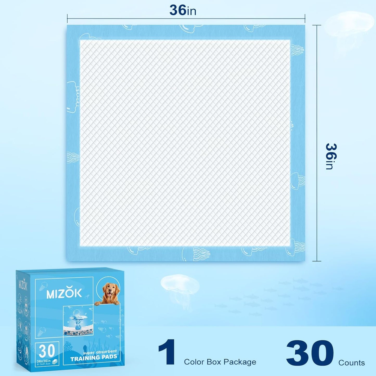 MIZOK 36x36in Dog Pee Pads Jumbo Disposable Dog Training Pads Super Absorbent Up to 11 Cups Marine Scented Odor-Control Dog Pads with Jellyfish Pattern, Quick Dry & Leak-Proof (30 Counts)