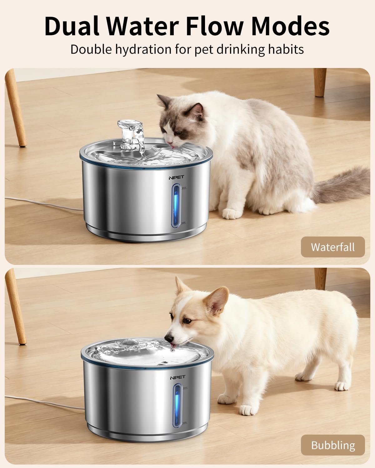 NPET Stainless Steel Cat Water Fountain, 1Gallon/135oz Automatic Pet Drinking Fountain Dog Water Dispenser Bowl with Water Level Window for Cats Indoor - WF210Plus