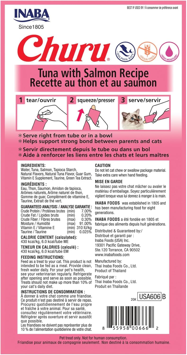 Churu Tuna with Salmon Recipe Lickable Creamy Purée Cat Treats 24 Tubes