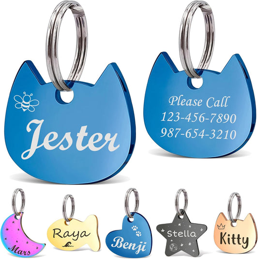 Anavia Small Size Dog Cat ID Tags, Small/XS Personalized Color Plated Stainless Steel Puppy Kitten Name Tags, Customized Engraved Nameplate Pet Collar Tag (Blue, Cat Head)