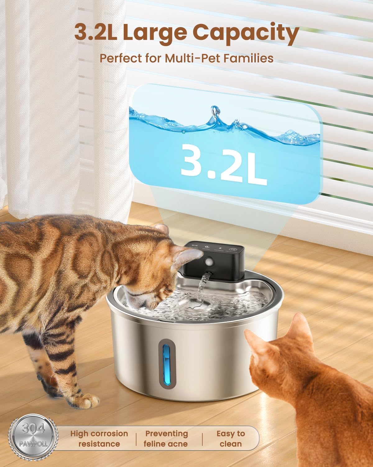 Wireless Cat Water Fountain Stainless Steel - 3.2L/108oz Cordless Pet Water Fountain Battery Operated Cats Water Dispenser Silent Rechargeable Automatic Fountain with 6 Filters 3 Sponges