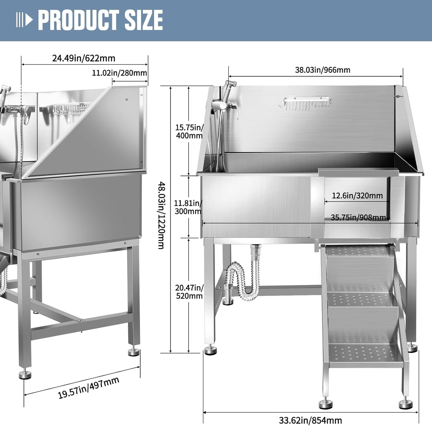 38" Pet Dog Bathing Station w/Ramp, Professional Stainless Steel Dog Grooming Tub w/Storage Drawer, Floor Grate, Faucet, Dog Bathtub for Large,Medium,Small Pets, Washing Sink for Home