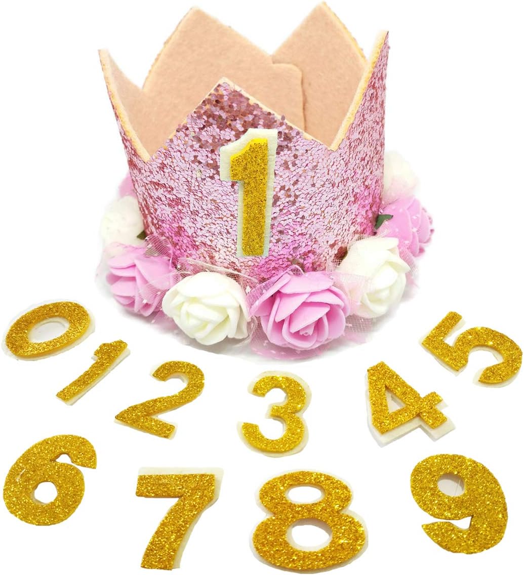 PET SHOW Pink Crown Dog Birthday Party Hat for Girls Reusable Birthday Party Cat Kitten Headband with 0-9 Figures Charms Grooming Accessories with Glue Pack of 1