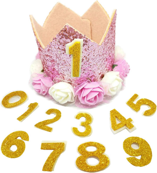 PET SHOW Pink Crown Dog Birthday Party Hat for Girls Reusable Birthday Party Cat Kitten Headband with 0-9 Figures Charms Grooming Accessories with Glue Pack of 1