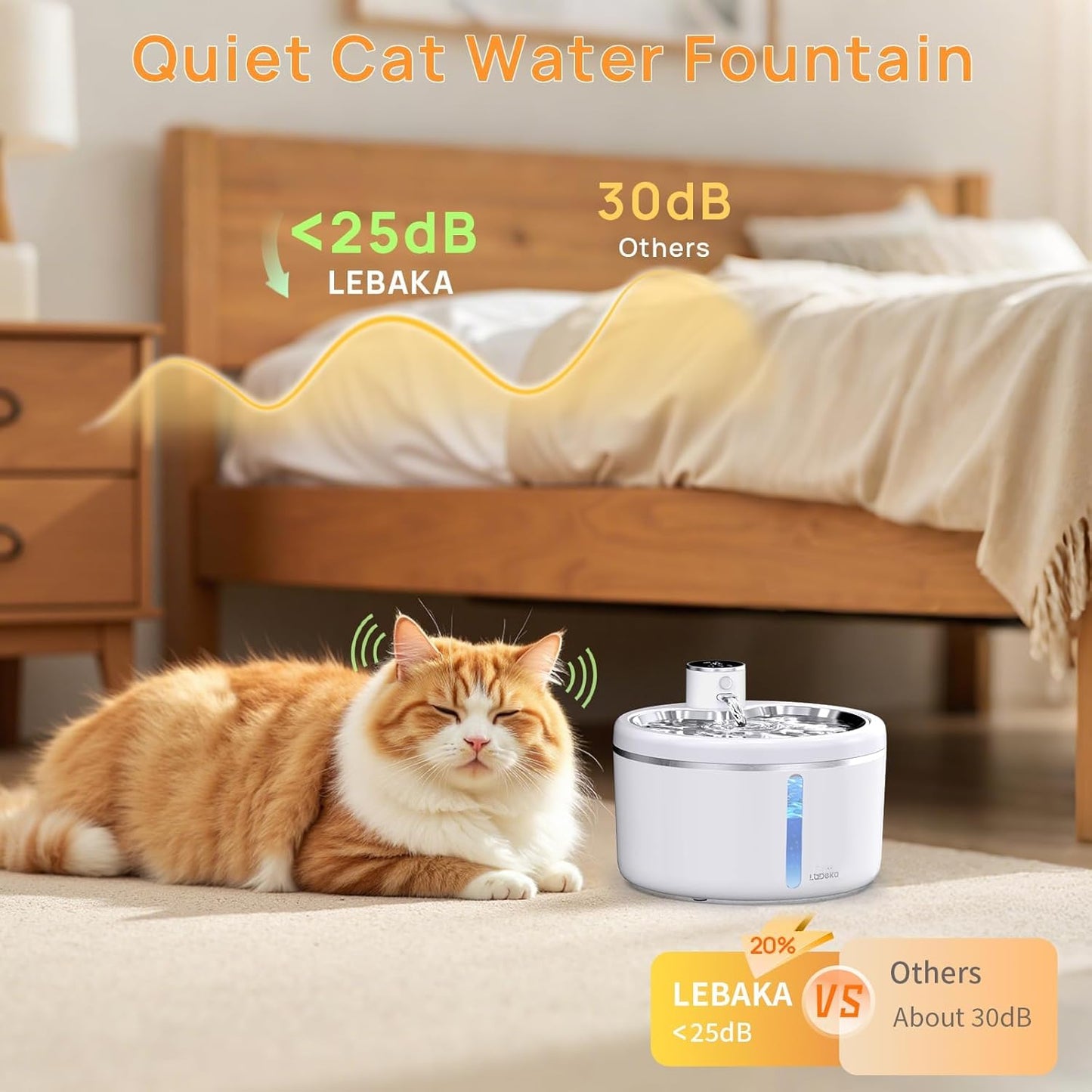 Wireless Cat Water Fountain with Stainless Steel Tray, Battery Operated Cat Fountain - 102oz/3L Automatic Pet Water Dispenser, Easy Clean with Motion Sensor for Cats, Dogs