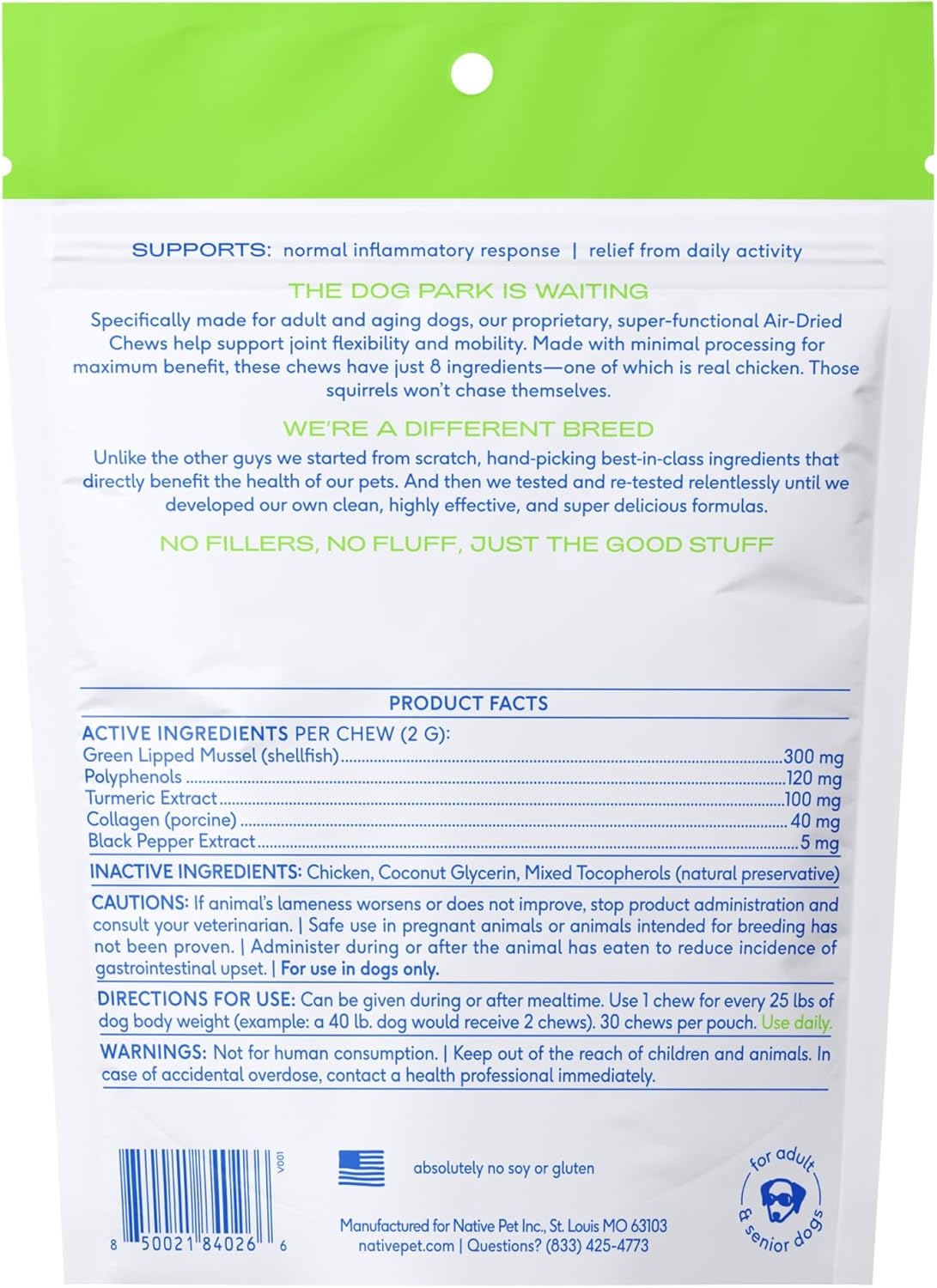 Native Pet Pain Relief for Dogs - Collagen for Dogs Promotes Joint Health, Reduce Inflammation & Stiffness - Senior Pup Joint Supplement - Natural Pain Reliever for Active & Aging Pets - 60 Chews