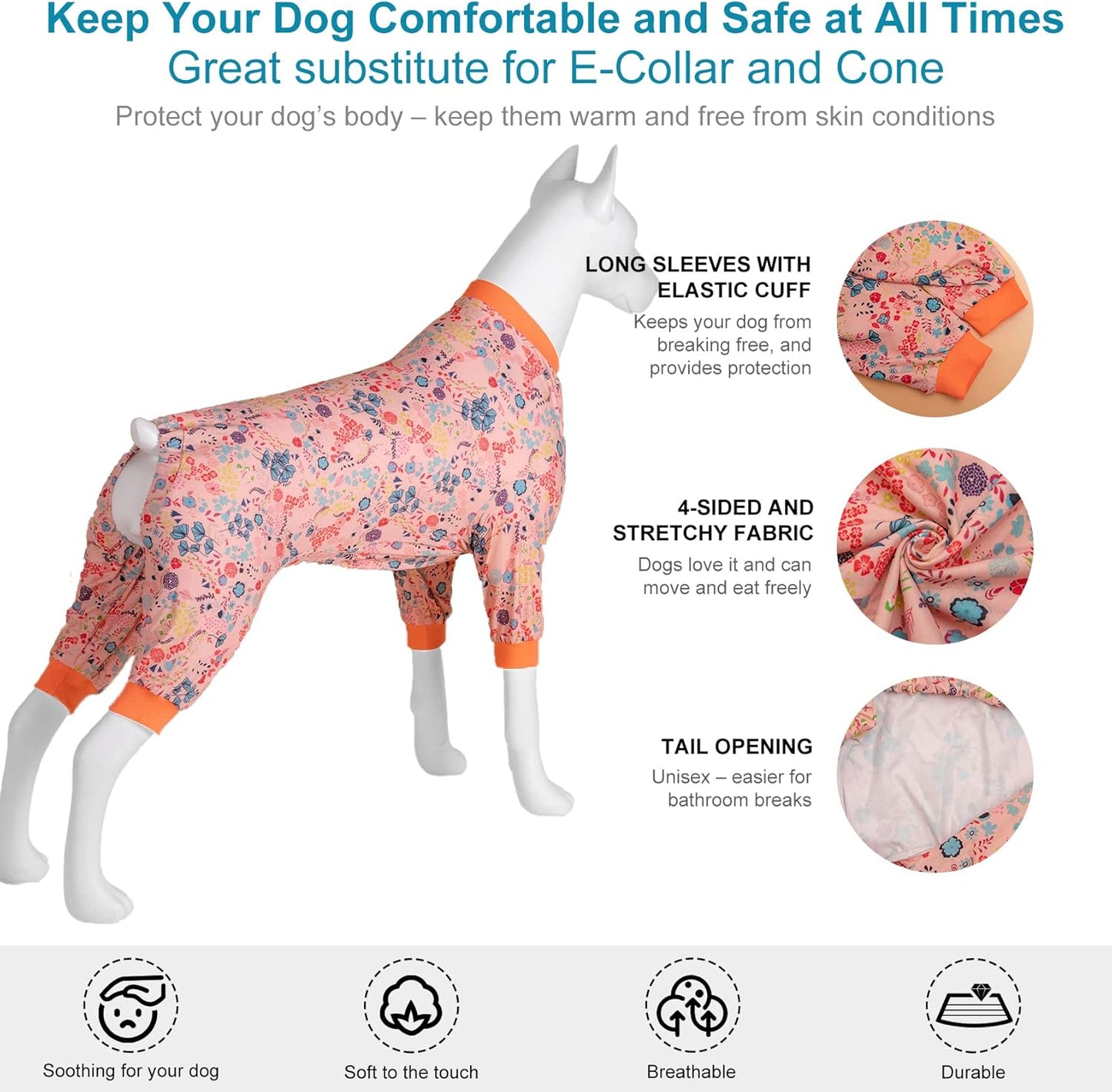 LovinPet Large Dog Pajamas, Pet Anxiety Relief Shirt, Pet Pajamas for Dogs, Anti Licking, Dog Surgery Recovery Clothes, Breathable Stretchy Fabric, Red, Shimmering Blooms Blush Print, Large