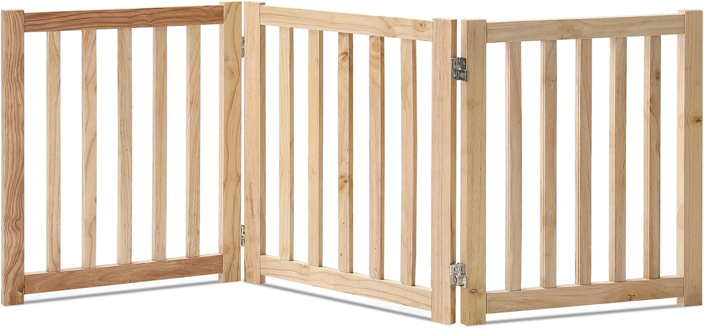 LZRS 3-Panel Wooden Free Standing Foldable Dog Gate Indoor – 24" High,Step-Over Safety Pet Gate for Doorways, Stairs, Hallways, Indoor Dog Barrier for Small to Medium Dogs & Puppies, Natural