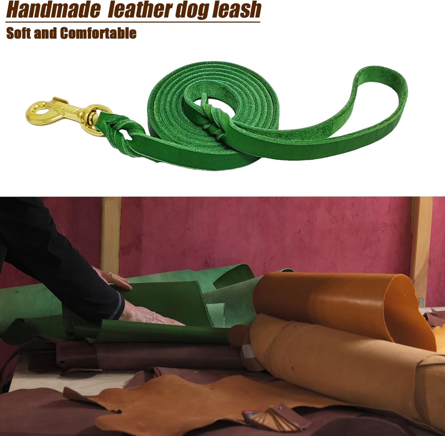 LWBMG Leather Dog Leash 6ft x 1/2 inch, Heavy Duty Pet Leash, Strong Sturdy Genuine Leather Braided Dog Leashes, Soft and Comfortable Puppy Leashes for Small Medium Dogs Training Walking Green