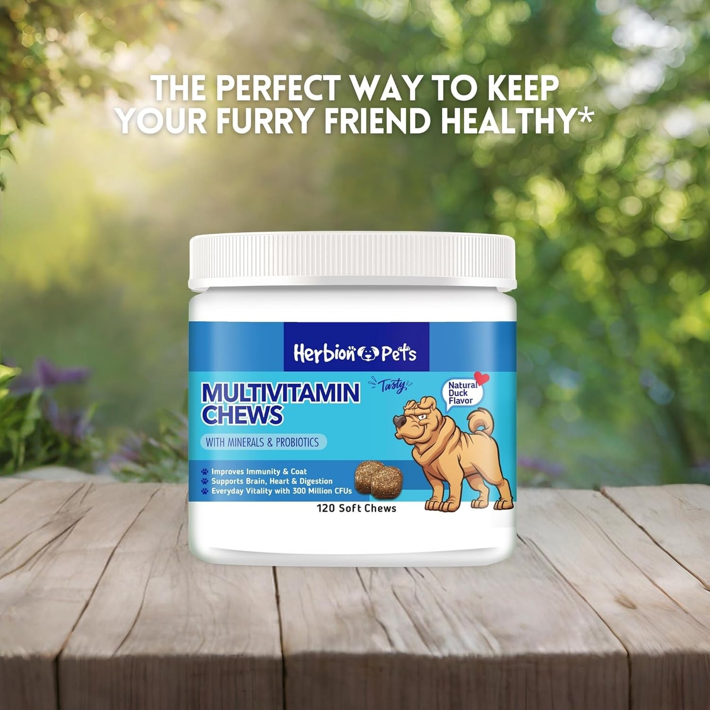 HERBION Pets Multivitamin Chews with Minerals & Probiotics, Improves Immunity & Coat, Supports Digestion, Brain & Heart Health, Delicious Natural Duck Flavor, Dog Supplements & Vitamins, Pack of 1