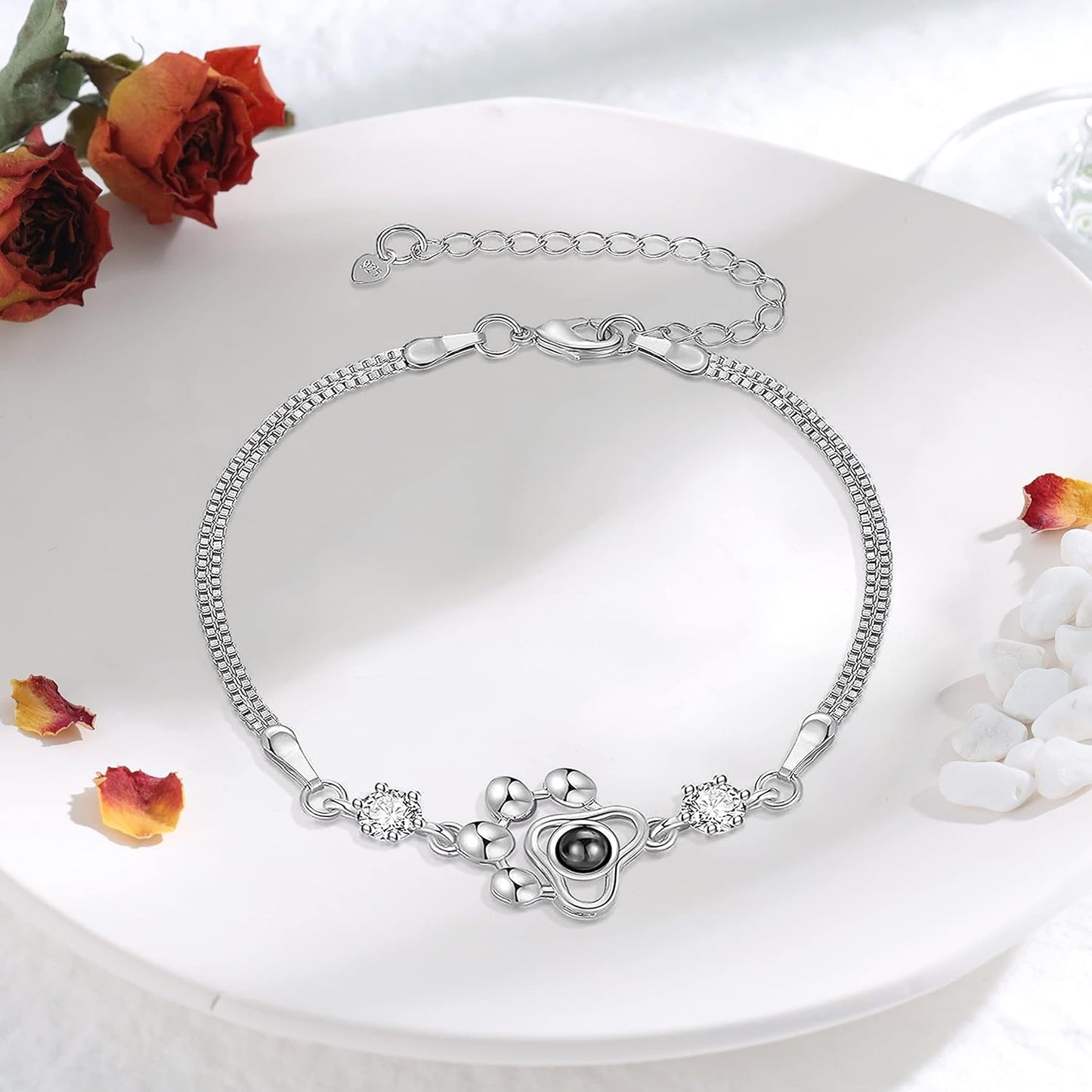 OPALSTOCK Personalized Pet Photo Necklace, Custom Photo Charm Projection Necklace Dog Cat Paw Pendant Pet Memorial Jewelry