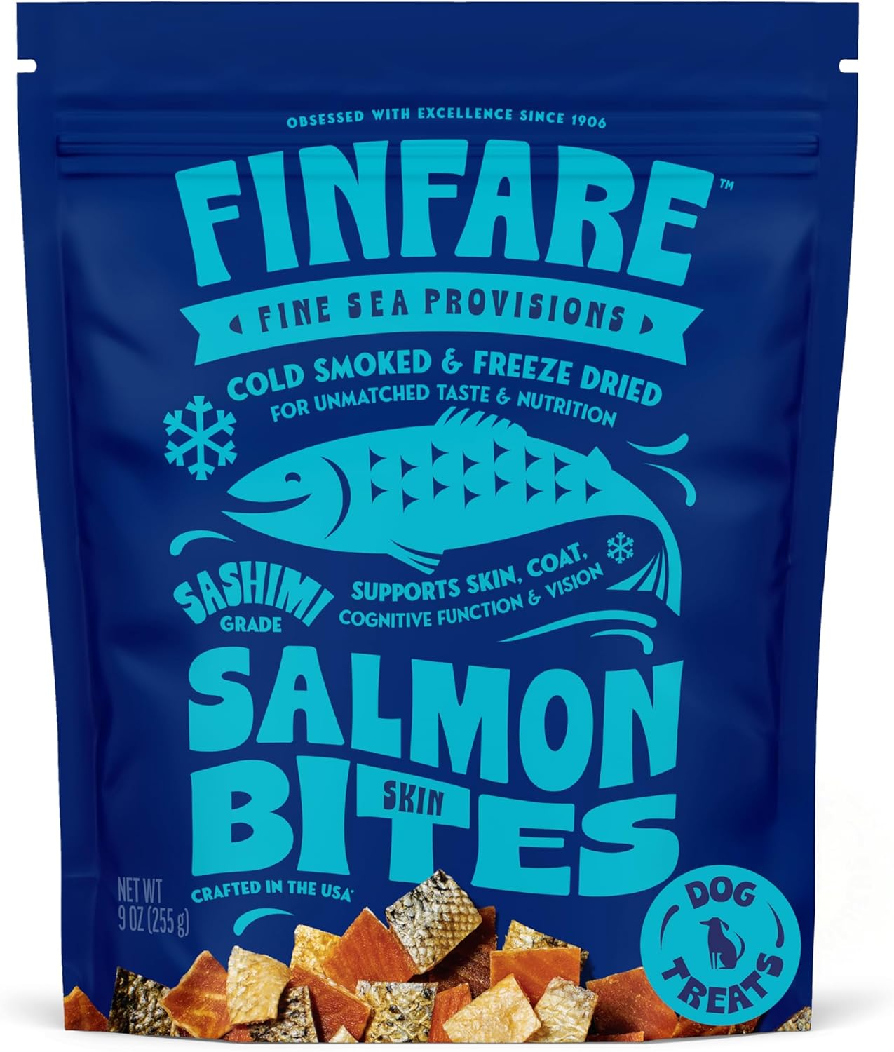 Finfare Freeze Dried Dog Treats, Salmon Skin Bites, Protein & Omega-3s, Grain Free Salmon Dog Training Treats, Crafted in USA, 9oz