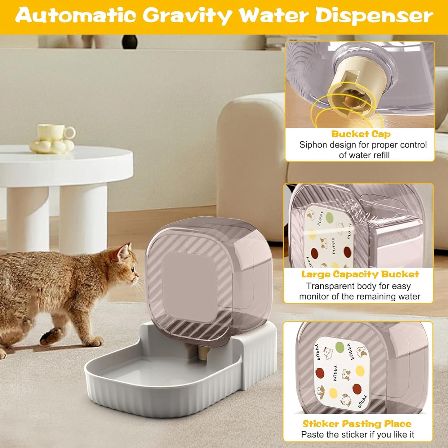 Gravity Water Bowl for Cats, 3L Automatic Pet Water Dispenser, Large Gravity Dog Water Bowl & Cat Water Dispenser, Suitable for Cats, Rabbits, Small and Medium-Sized Dogs