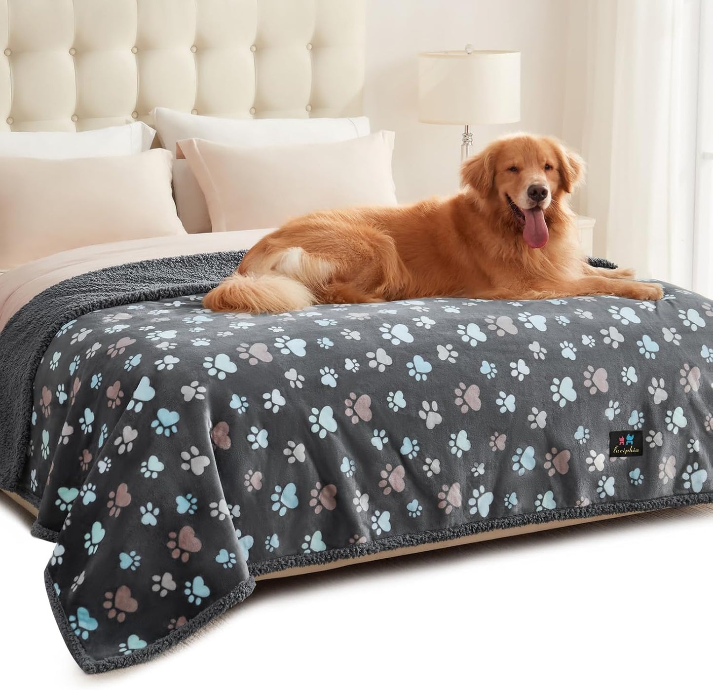 Luciphia Waterproof Pet Blankets for Couch Sofa Bed Cover Liquid Pee Proof Washable Soft Fluffy Large Dog Blanket Reversible Furniture Protection Grey Paw Thicken X-Large（85" x 57"）