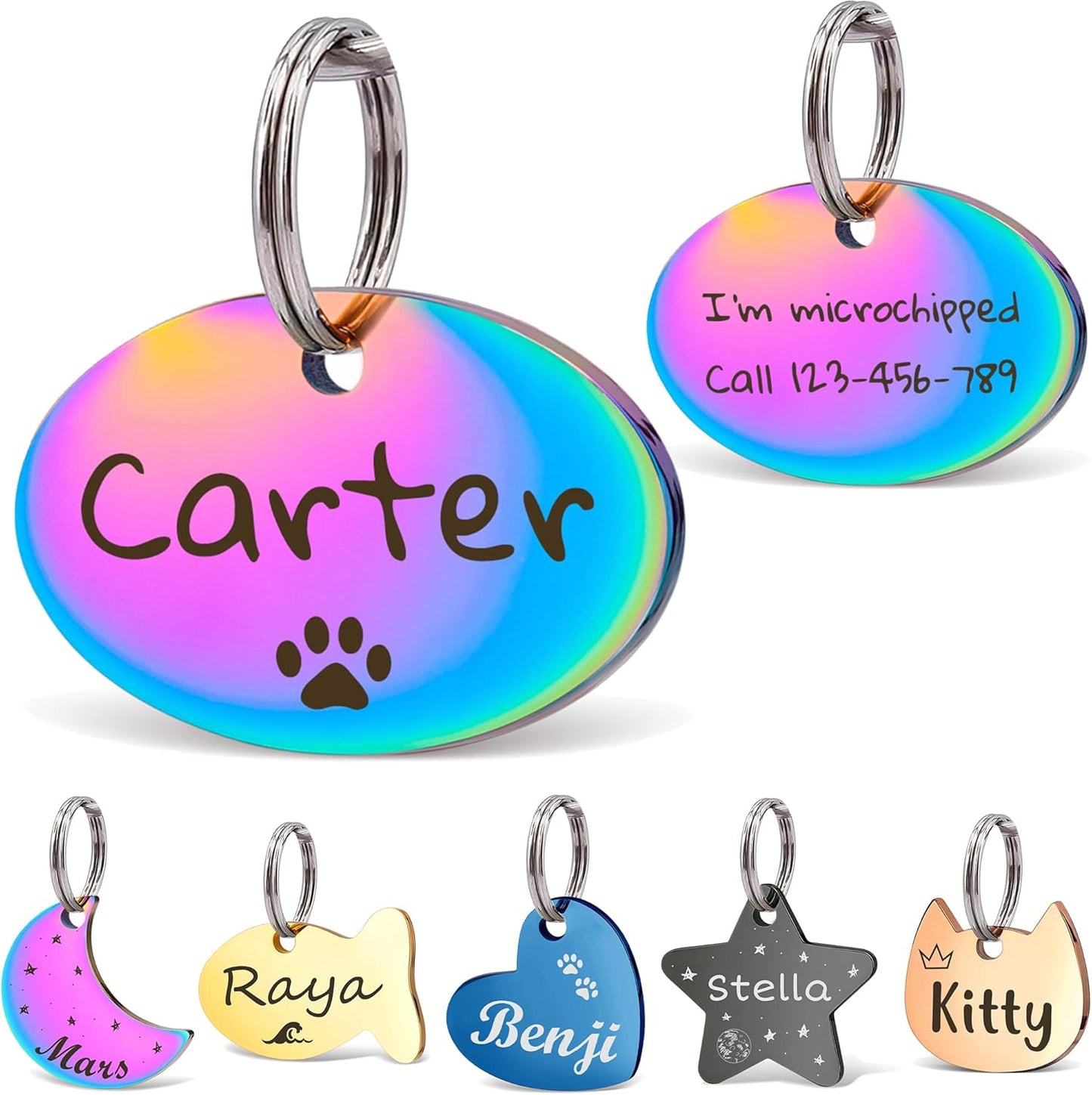 Anavia Small Size Dog Cat ID Tags, Small/XS Personalized Color Plated Stainless Steel Puppy Kitten Name Tags, Customized Engraved Nameplate Pet Collar Tag (Rainbow, Oval)