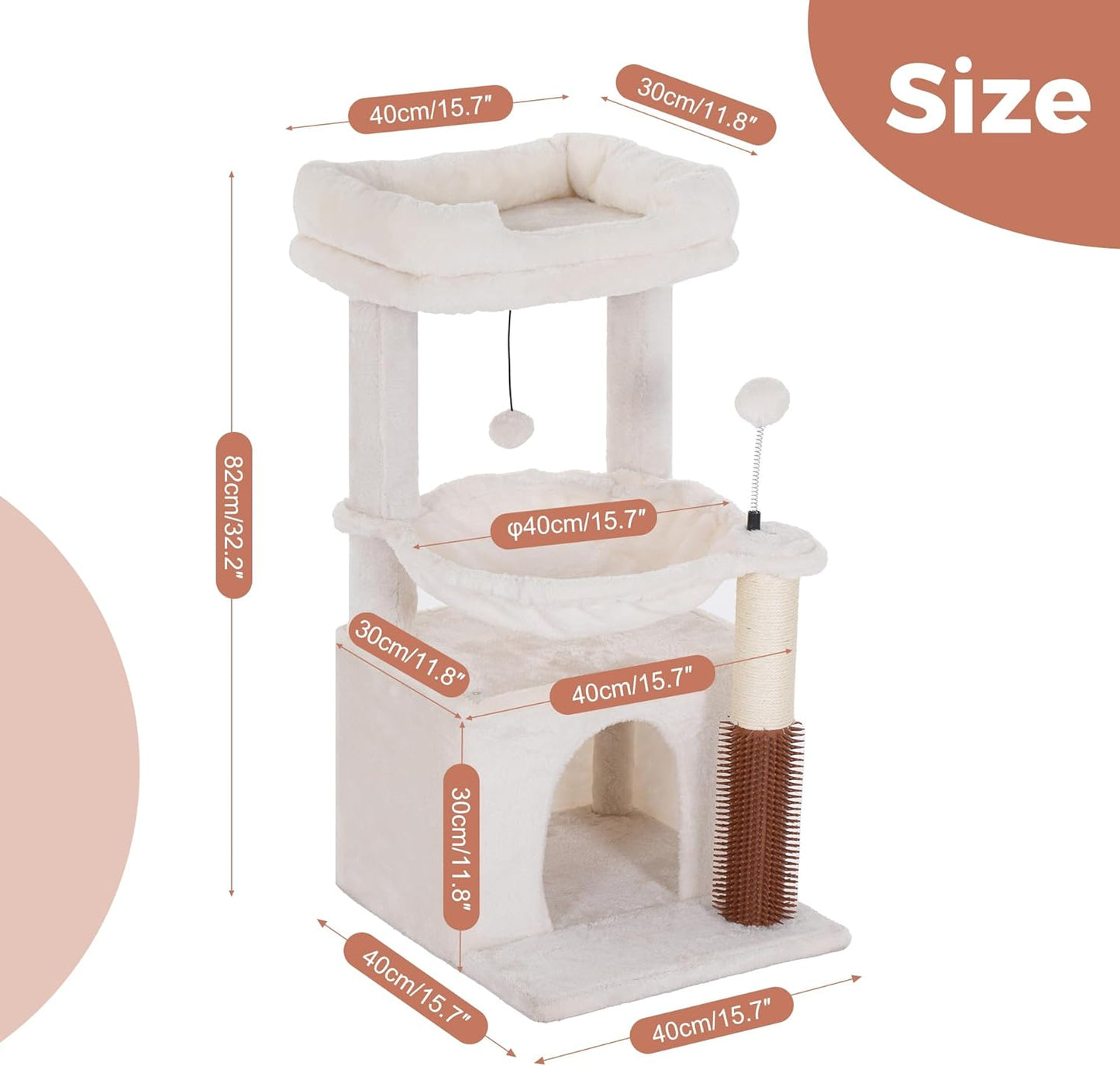 Cat Tree 32 Inches Small Cat Tree for Large Cats Adult Cat Tower with Scratching Post,15.7”Large Hammock and Self Groomer, and Removable Top Perch and Wide Condo for Indoor Cats-Beige