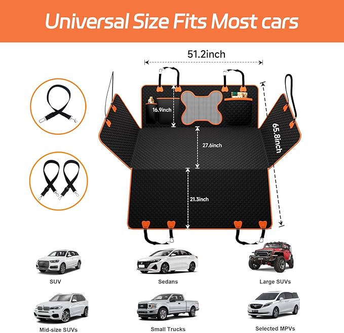 Hard Bottom Dog Car Seat Cover for Back Seat – Waterproof Nonslip Hammock Extender for Trucks & SUVs, Heavy Duty Pet Protector, Black Oxford Fabric