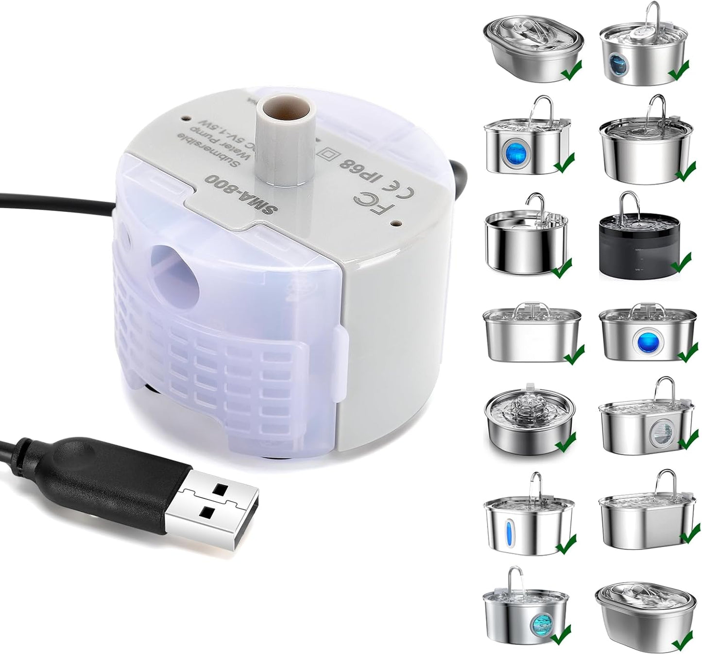 Cat Water Fountain Pump,Pet Water Fountain Pumps Replacement SMA-800 Submersible Motor,Cat Fountain Pump for Stainless Steel Cat Water Dispenser