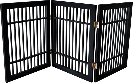 Pet Dog Gate Strong and Durable Freestanding Folding Acacia Hardwood Portable Wooden Fence Indoors or Outdoors by Urnporium (Black Pet Gate, 3 Panel 24" Tall)