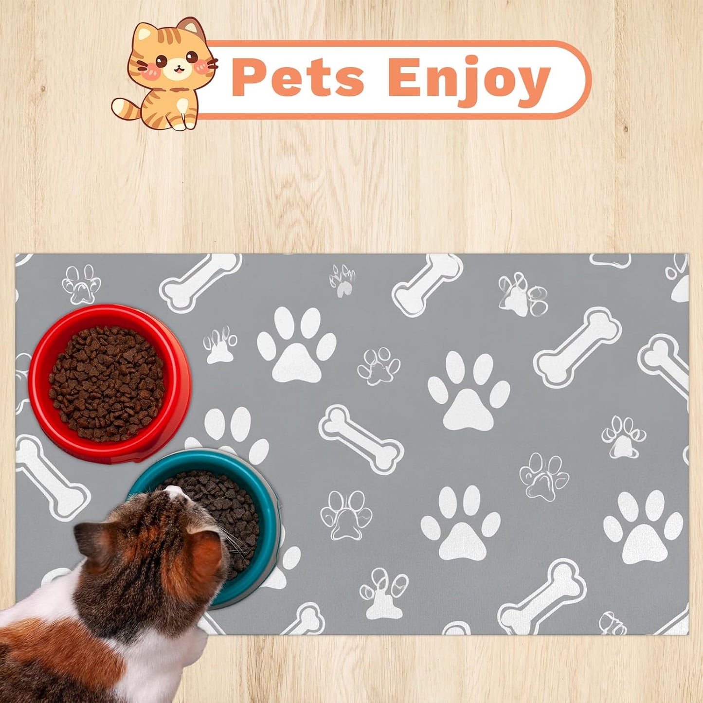 Grey Dog Cat Food Mat,12"x20" Inches Rapid Absorbent Pet Feeding Mat,Pets Placemat Water Bowl Mats with Rubber Backing,No Stains Cat Dog Feeding Mats Indoor,Pet Accessories Supplies