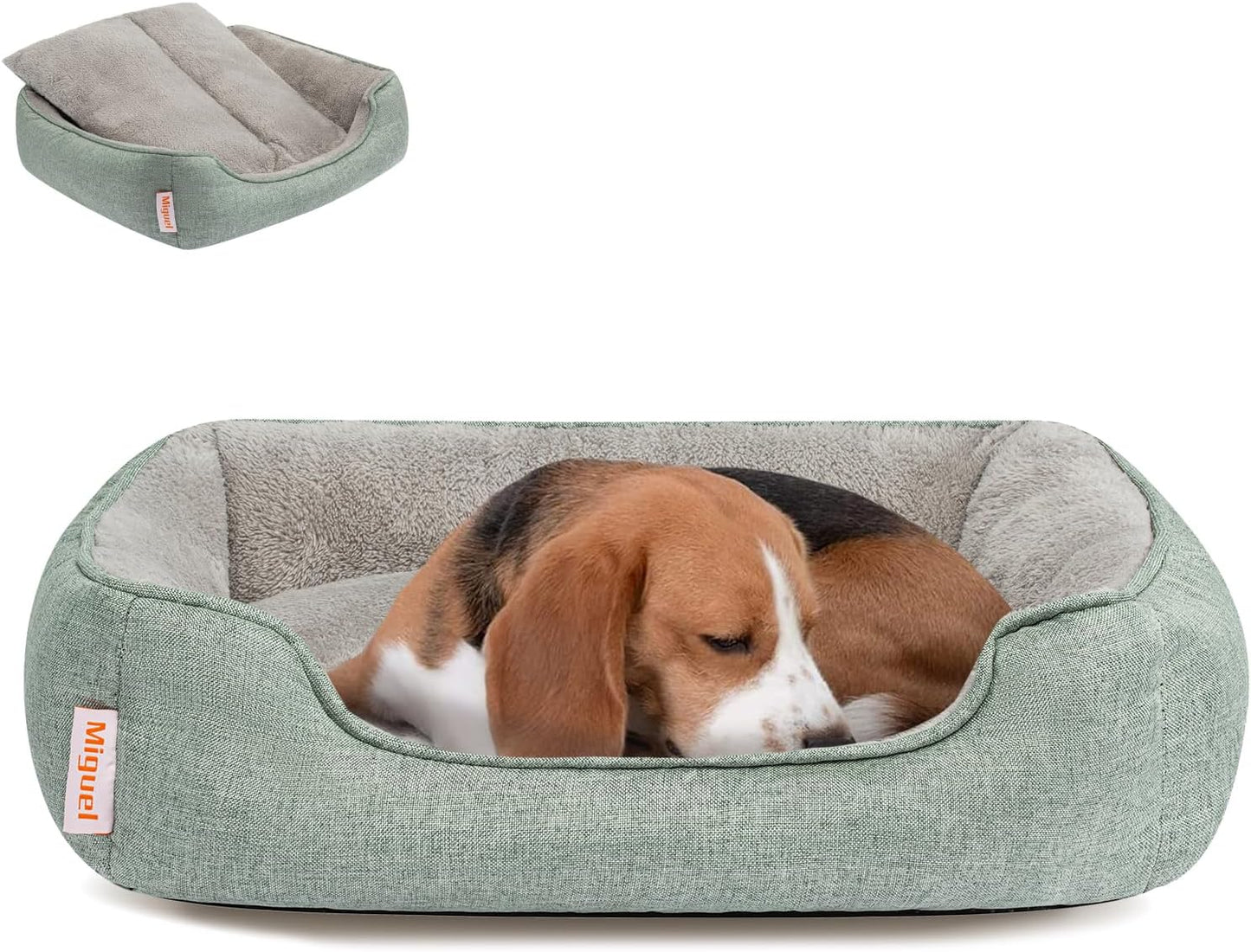 Miguel Faux Linen Dog Bed with Removable Cushion Pillow for Medium Small Dogs, Washable Pet Bed with Side Easy to Wash Puppy Bed, Rectangle Cat Bed for Indoor Cat with Anti-Slip Bottom, Green 30 Inch