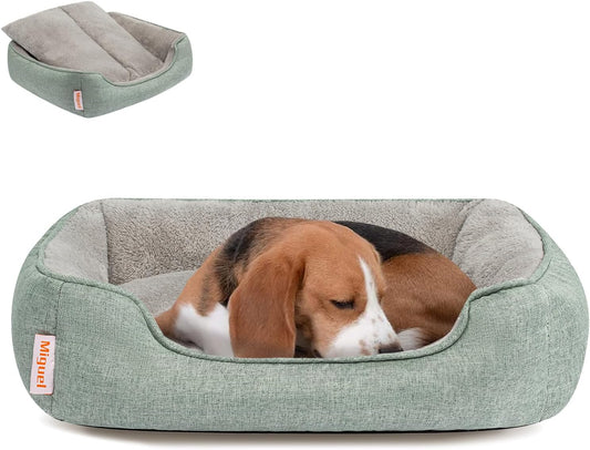 Miguel Faux Linen Dog Bed with Removable Cushion Pillow for Medium Small Dogs, Washable Pet Bed with Side Easy to Wash Puppy Bed, Rectangle Cat Bed for Indoor Cat with Anti-Slip Bottom, Green 30 Inch
