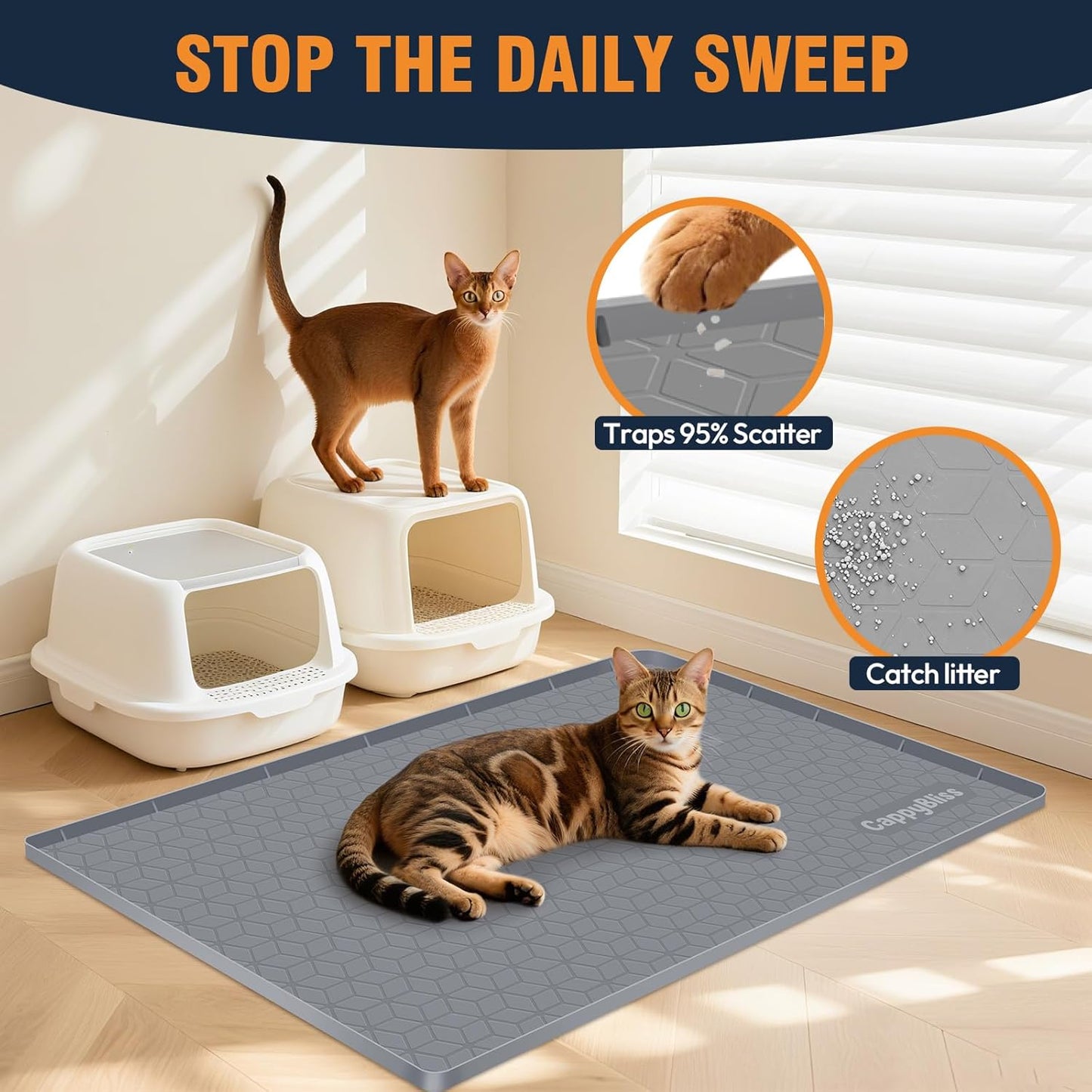 Large Cat Mat for Litter Box, 34"x22" Waterproof Silicone Mat with Litter Trapping, Easy Clean & Non-Slip Floor Pad for Cats (Dark Gray)