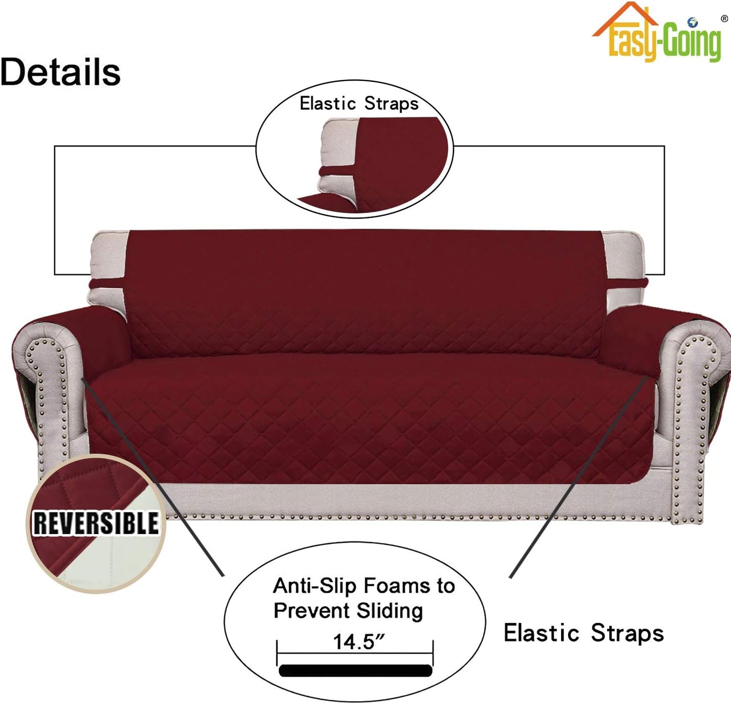 Easy-Going Reversible Couch Cover for 3 Cushion Couch Sofa Cover for Dogs Water Resistant Furniture Protector Cover with Foam Sticks Elastic Straps for Pet Cat (Sofa, Christmas Red/Ivory)