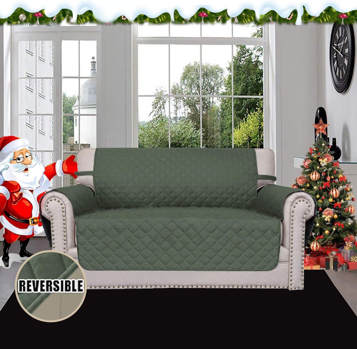 Easy-Going Reversible Loveseat Couch Cover for 2 Cushion Couch Sofa Cover for Dogs Water Resistant Furniture Protector with Foam Sticks Elastic Straps for Pet (Loveseat, Greyish Green/Beige)