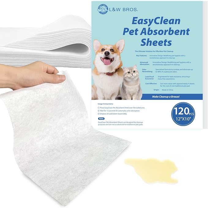 L&W BROS. Easy Clean Pet Quick Absorbent Sheets – Innovative Solution for Mess-Free Cleanup Not Traditional Pee Pads, 12"x10" for Urine and Pet Stain & Odor Remover (80 PCS)