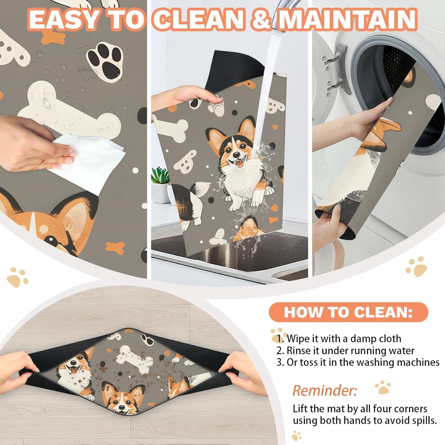 Corgi Dog Cat Food Mat,12"x20" Inches Rapid Absorbent Pet Feeding Mat,Pets Placemat Water Bowl Mats with Rubber Backing,No Stains Cat Dog Feeding Mats Indoor,Pet Accessories Supplies