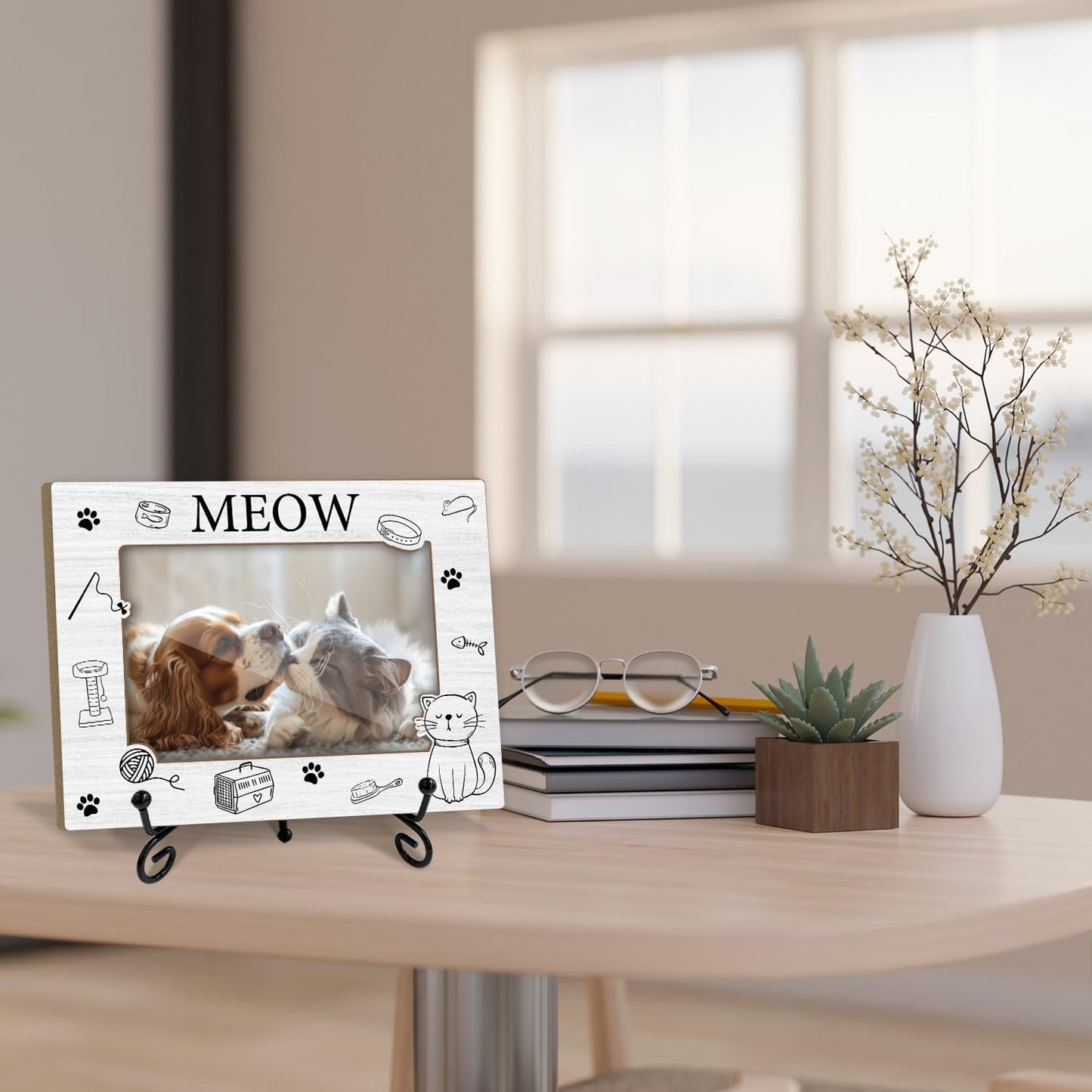 Cat Picture Frame Meow Print Design, Memorial Gifts for Pet Owner, 4x6 Photos Frame with Stand for Home Office Tabletop Display Decorations-19