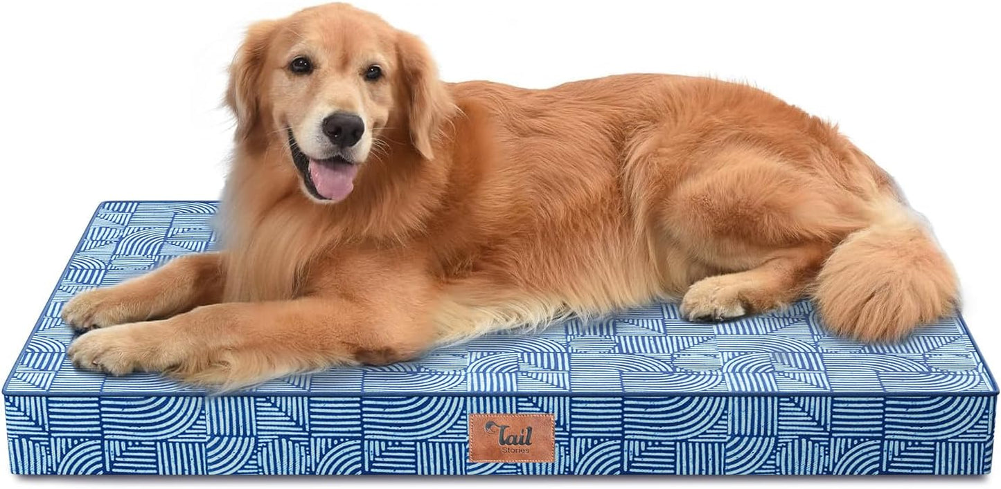 Outdoor Extra Large Dog Bed, Waterproof Dog Bed for Large Size Dogs, Egg Crate Foam XL Pet Bed with Removable Washable Oxford Cooling Cover, White Blue