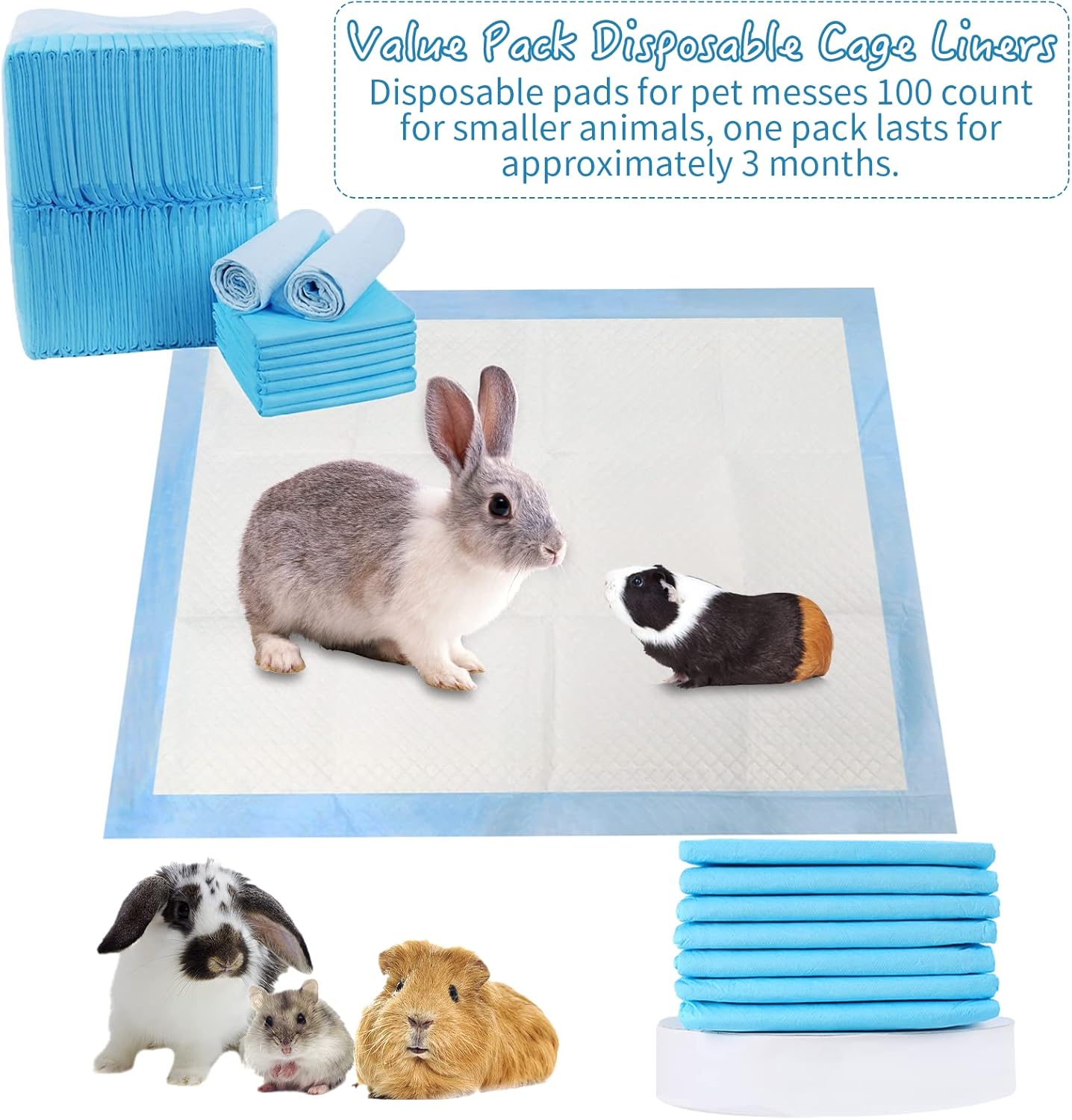 Tfwadmx 100 Pcs Rabbit Pee Pads Disposable Cage Liners Leak-Proof Super Absorbent Potty Training Pad for Puppy Guinea Pigs Hedgehog Hamsters Chinchillas Cats and Other Small Animals