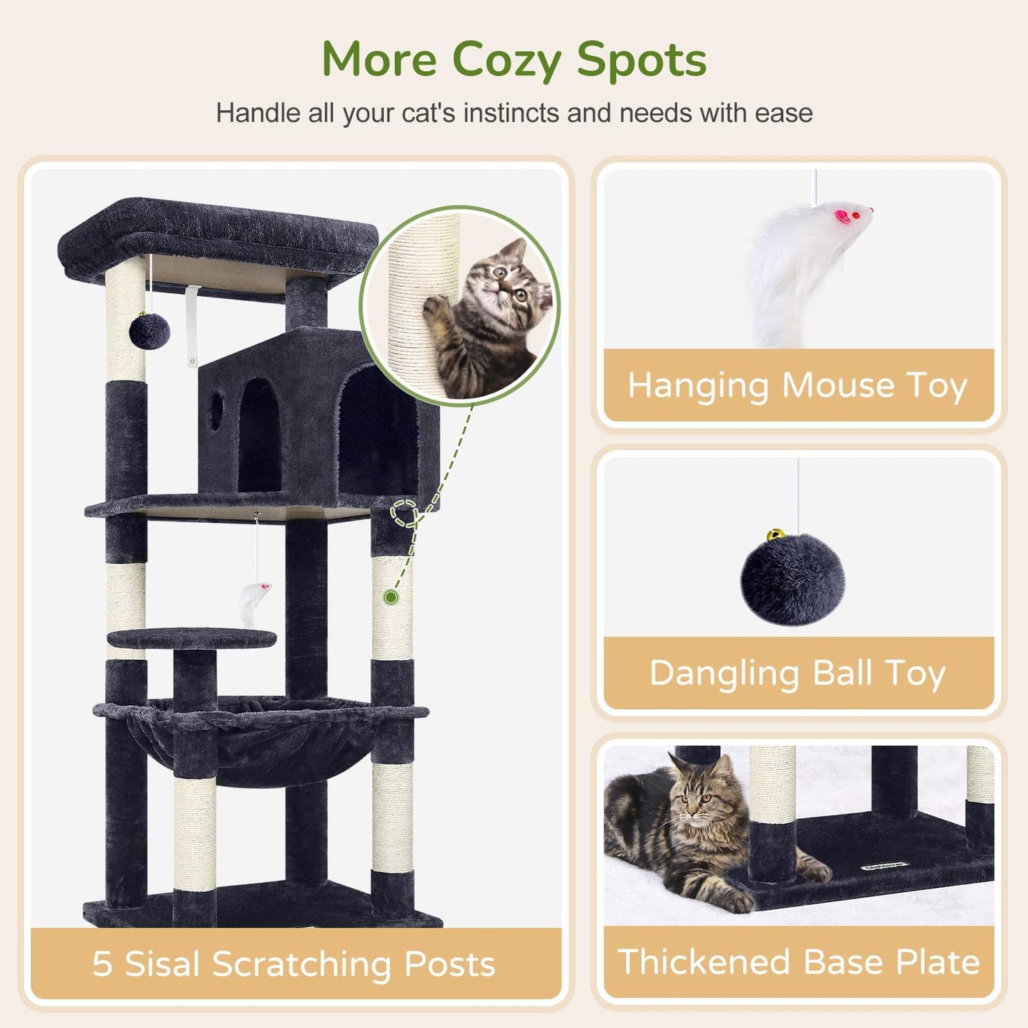 Globlazer Cat Tree Tower with Scratching Post for Indoor Cats, 53inch Tall Plush Multi-Level Cat Climbing Tower Condo House with Large Hammock, Spacious Cat Condo, Big Padded Top Perch, F53, Dark Gray