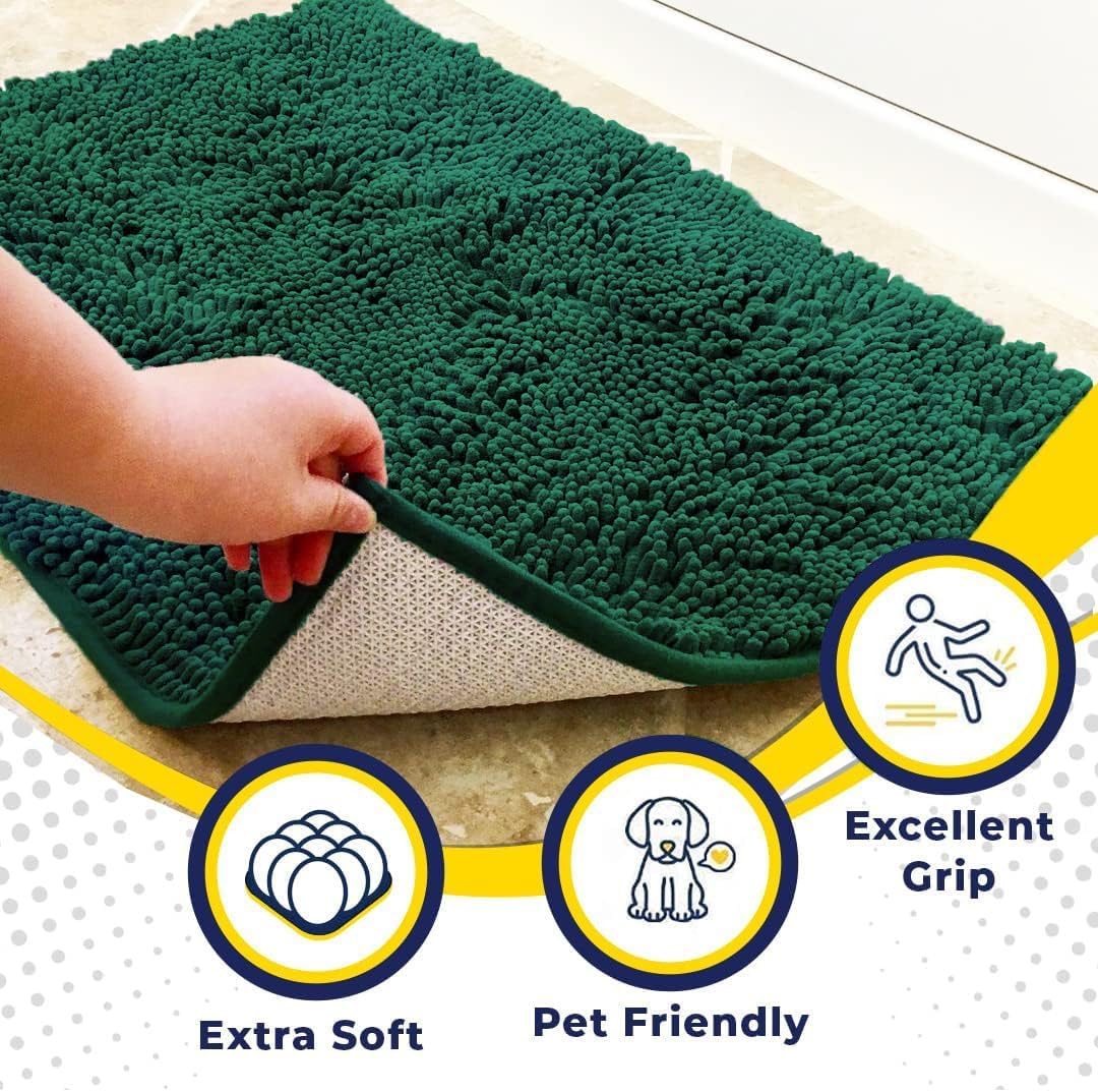 Muddy Mat® AS-SEEN-ON-TV Highly Absorbent Microfiber Dog Door Mat and Pet Rug, Non Slip Thick Washable Area and Bath Mat Soft Chenille for Kitchen Bathroom Bedroom and Indoor - Dark Green XXXL 72"X48"